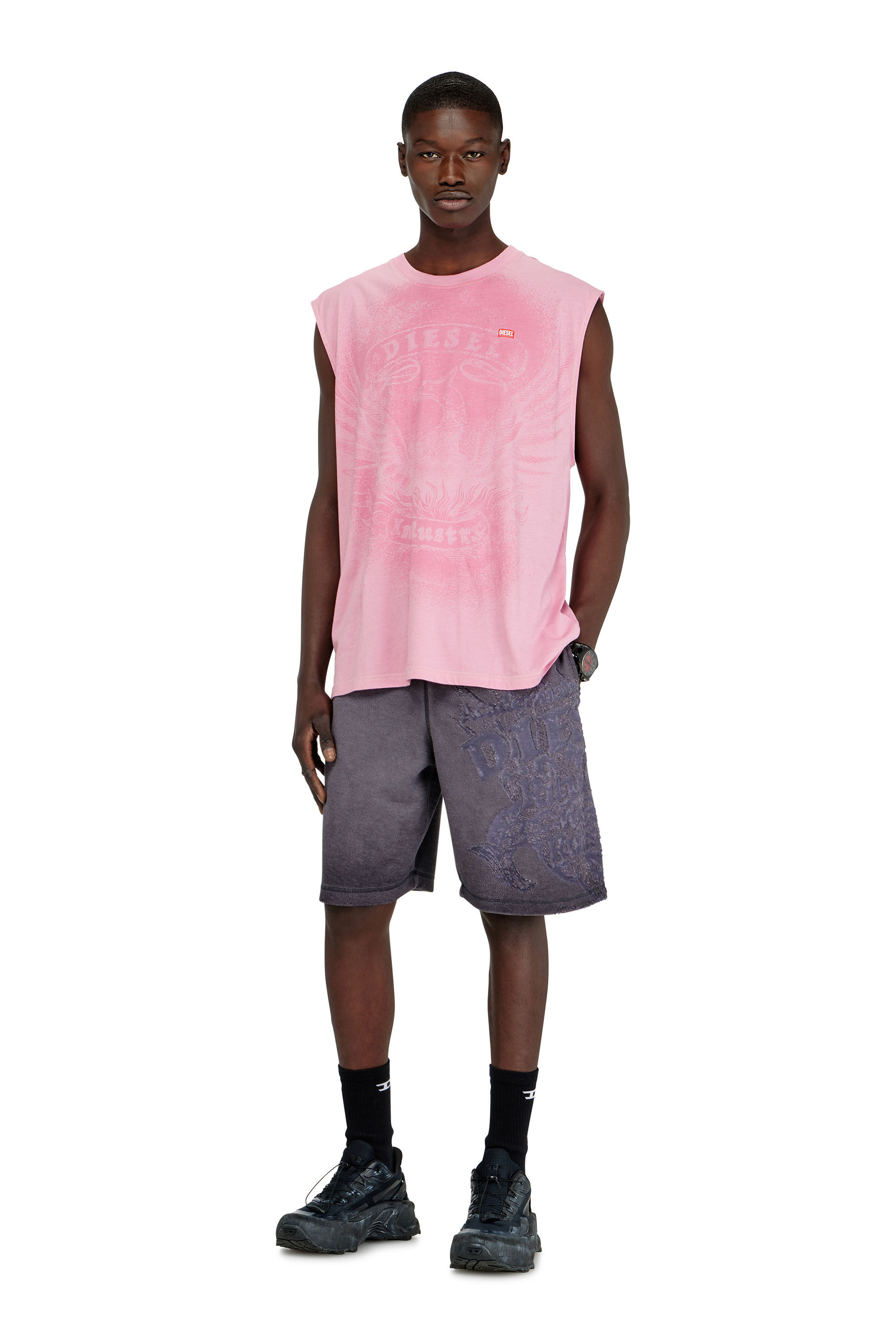 Diesel - T-BOXT-SL-NOTCH, Top sin mangas de algod&oacute;n con gr&aacute;fico tonal Hombre in Rosa - 1