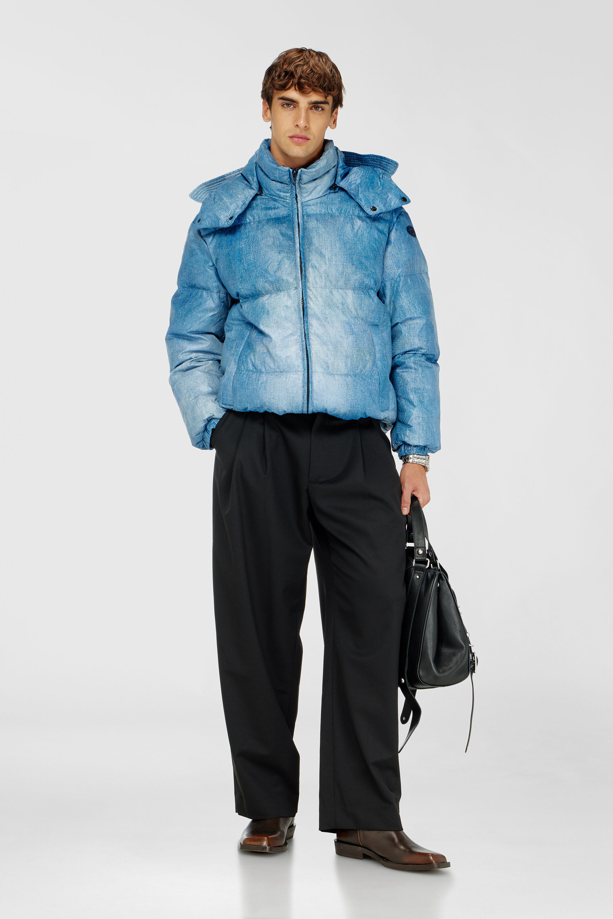 Diesel - W-ROLLY-WRD-BFBN, Chaqueta con capucha y estampado efecto denim Hombre in Azul marino - 1