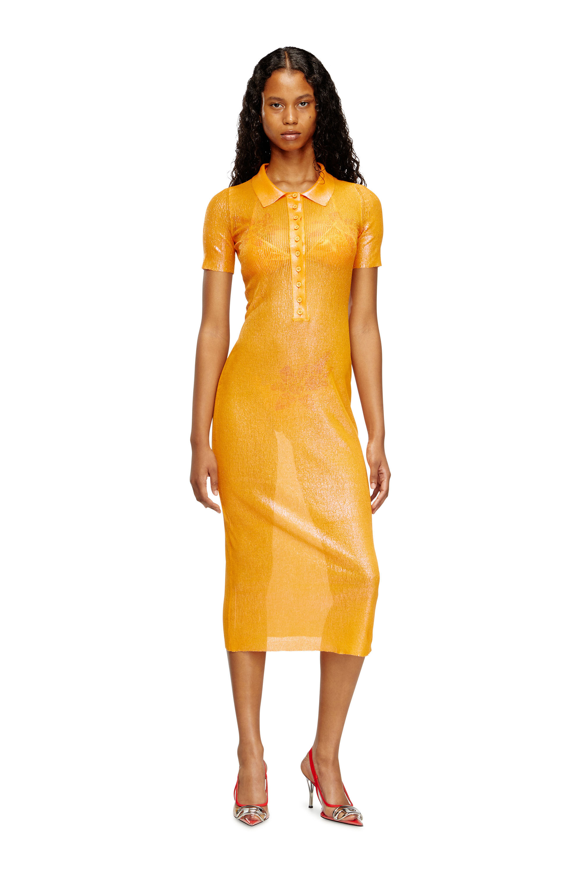 Diesel - M-ORANGE-KG, Vestido tipo polo de punto iridiscente con estampado de loto Mujer in Naranja - 3