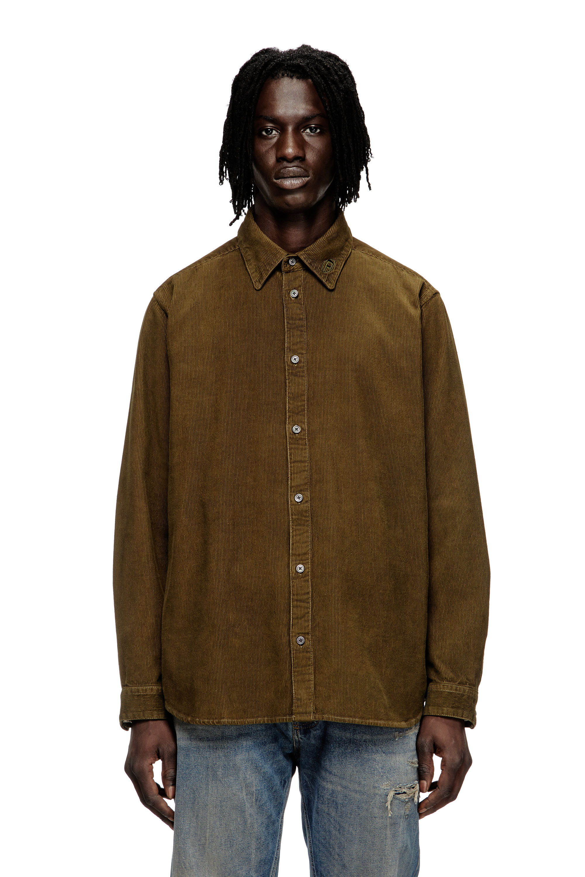 Diesel - S-SIMPLY-AJFQ, Camisa de algodón con bordado en el cuello Hombre in Verde - 3