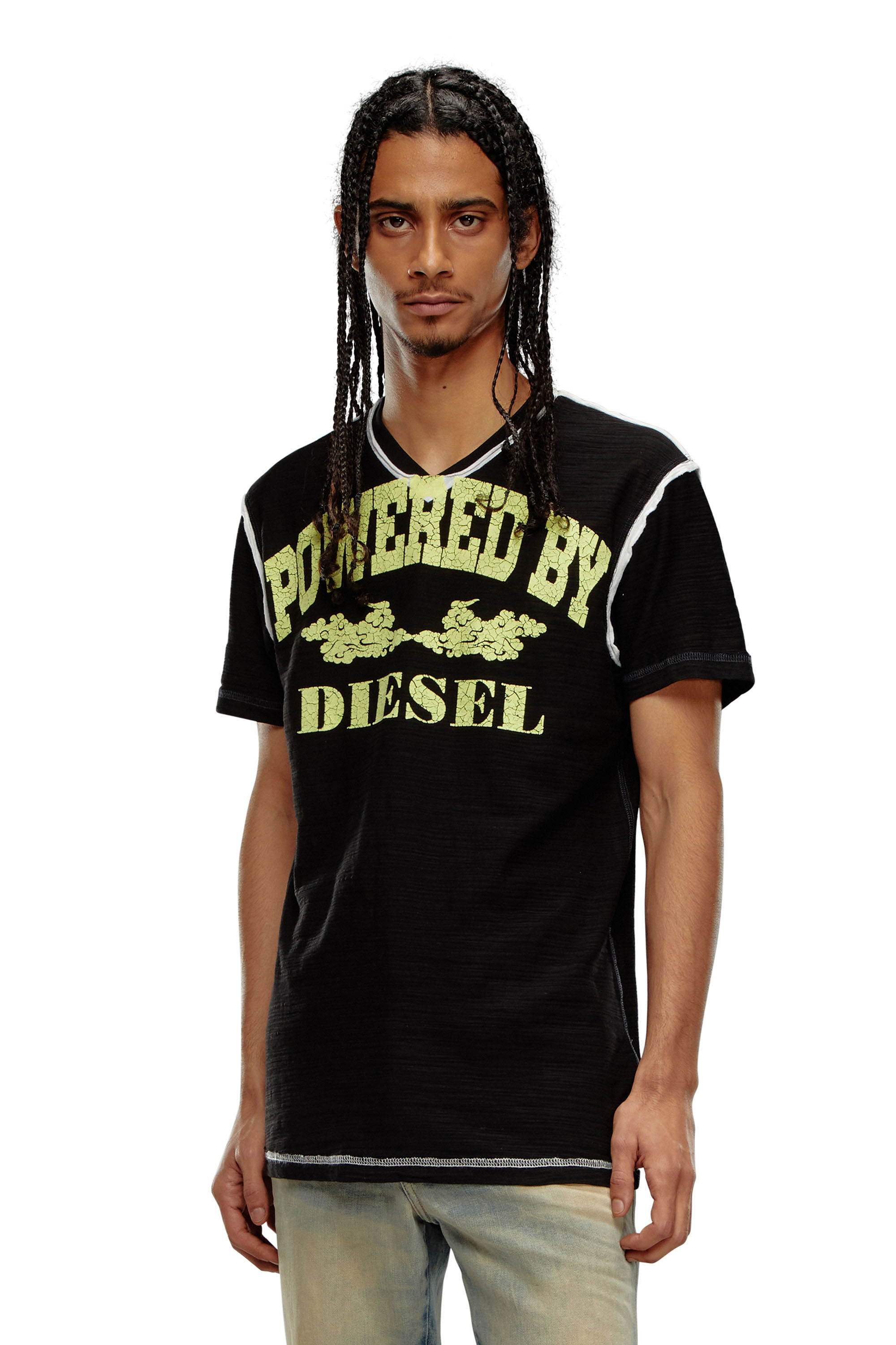 Diesel - T-DIEGOR-V-RAW, Camiseta con cuello en V de tejido slub de revés Hombre in Negro - 3