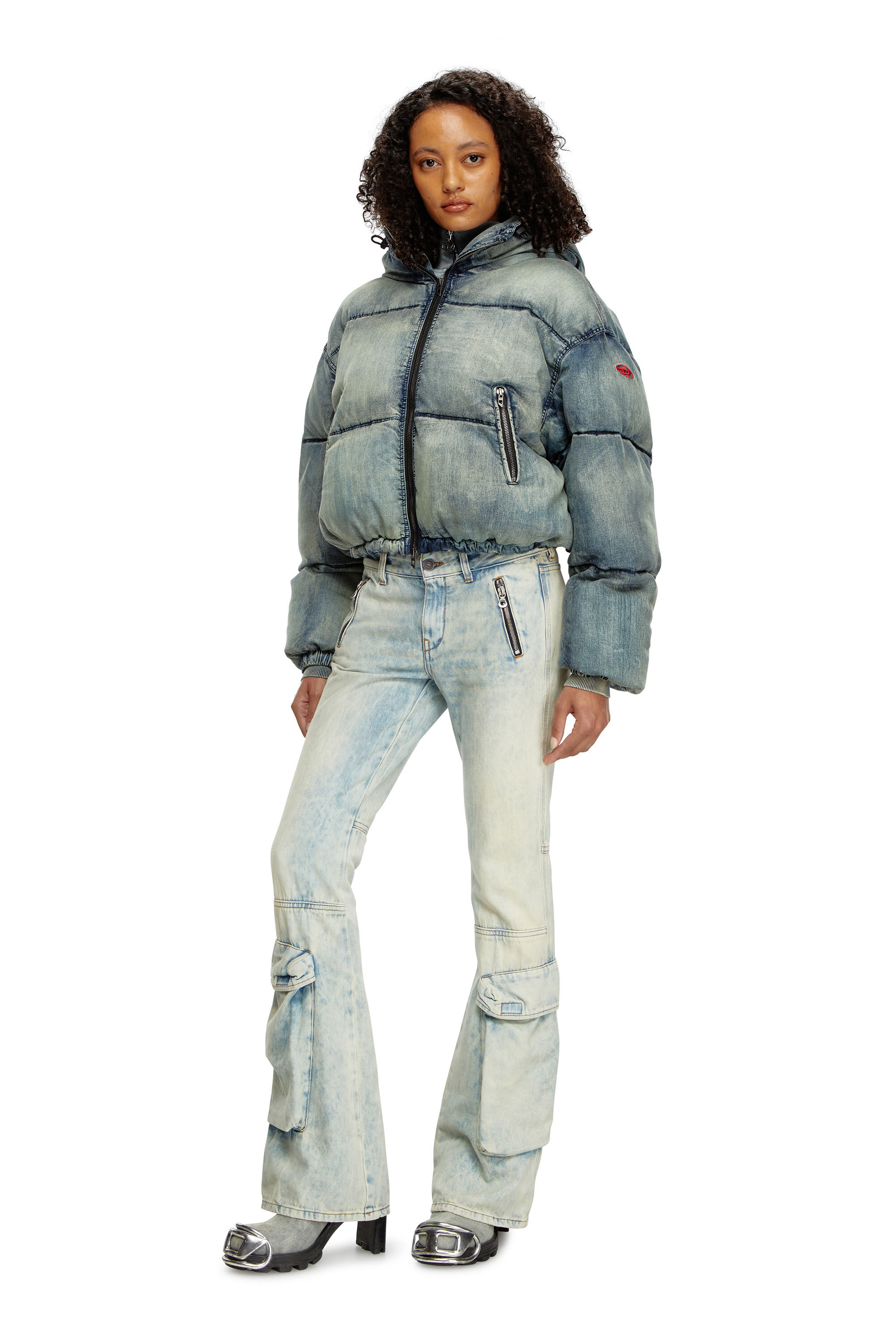 Diesel - W-AVES, Chaqueta puffer recortada con capucha de denim Mujer in Azul marino - 1