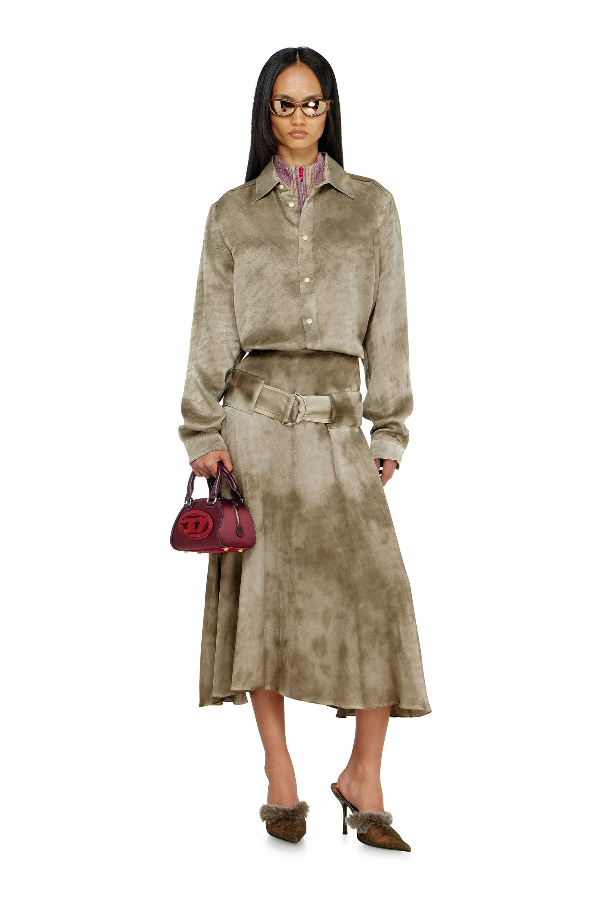 Diesel - O-DYLE, Woman's Belted midi skirt in logo-jacquard satin in null - 1