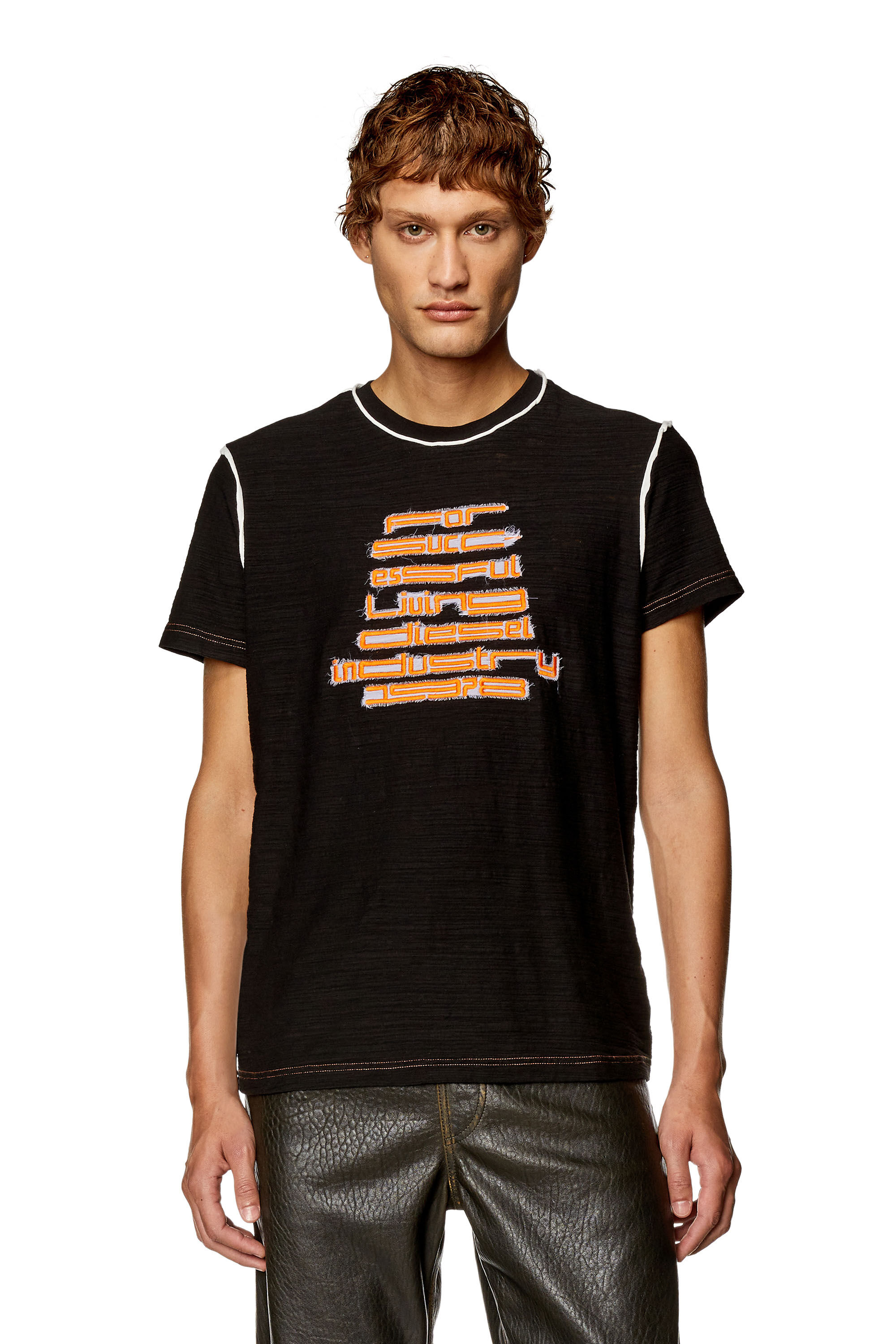 Diesel - T-DIEGOR-RAW-N2, Hombre Camiseta de algodón flameado con logotipo bordado in Negro - Image 3
