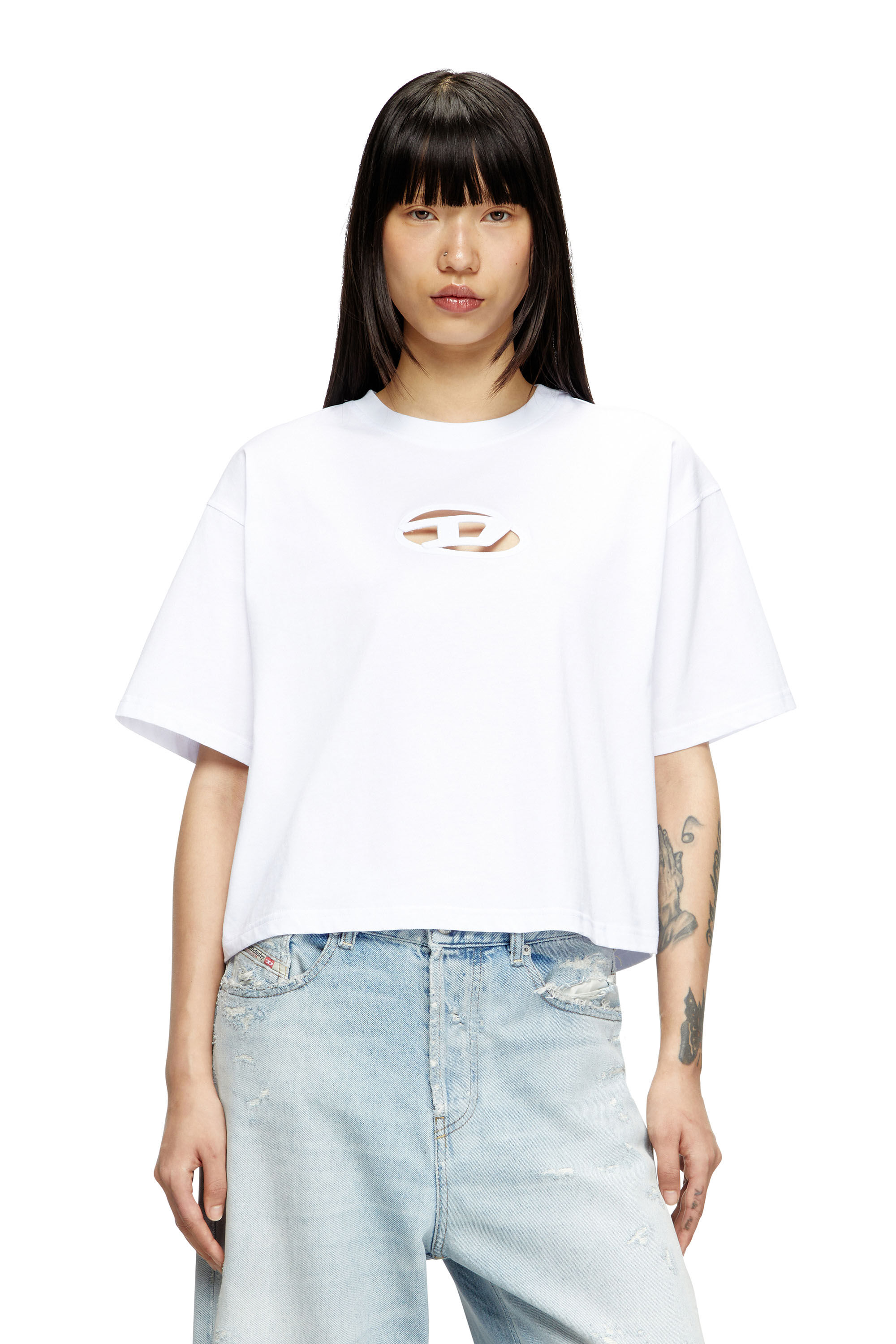 Diesel - T-BUXT-CROP-OD, Camiseta cuadrada con logotipo Oval D recortado Mujer in Blanco - 3