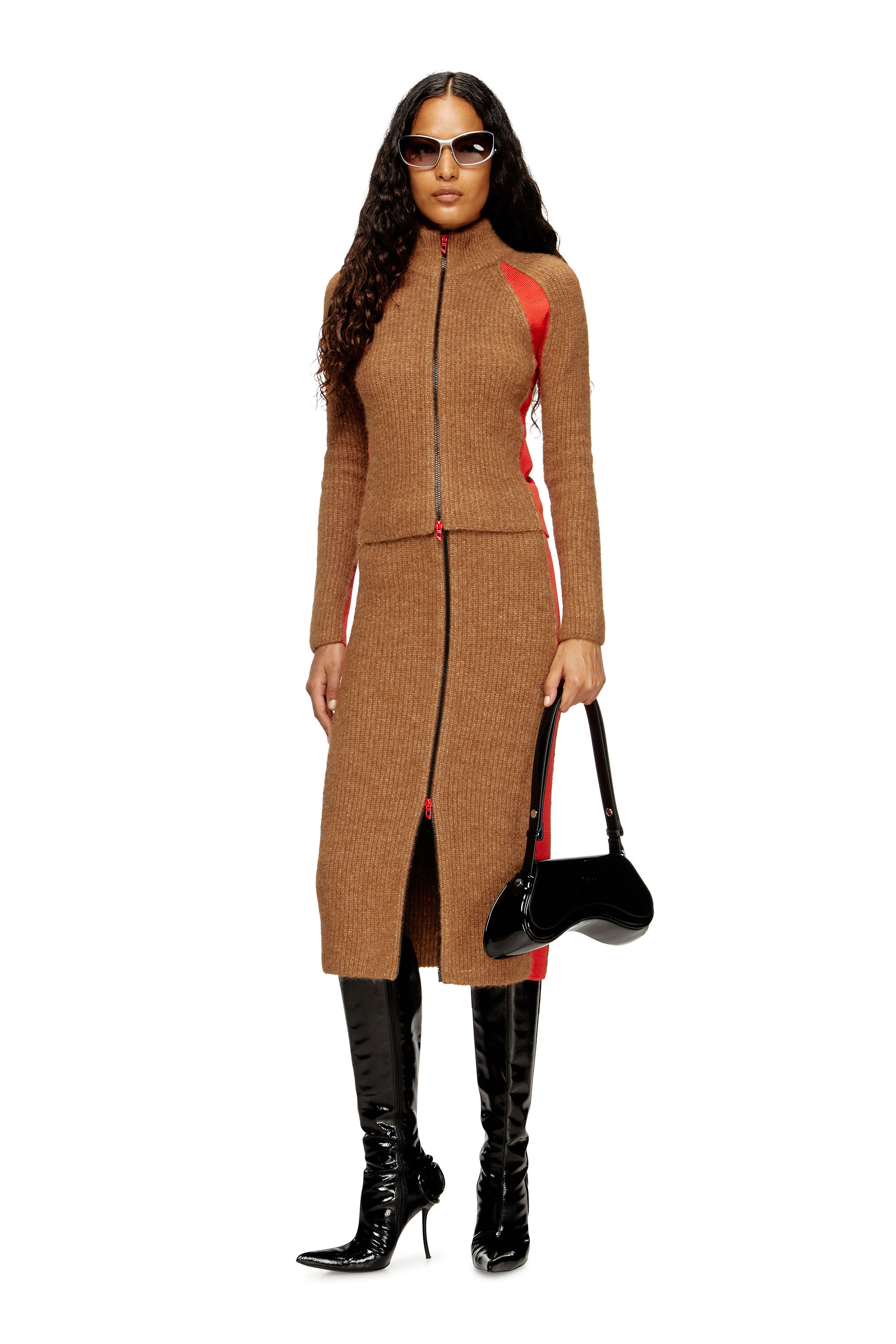 Diesel - M-LOUISE, Cárdigan de mezcla de alpaca con inserciones de tejido contrastantes Mujer in Marrón - 1