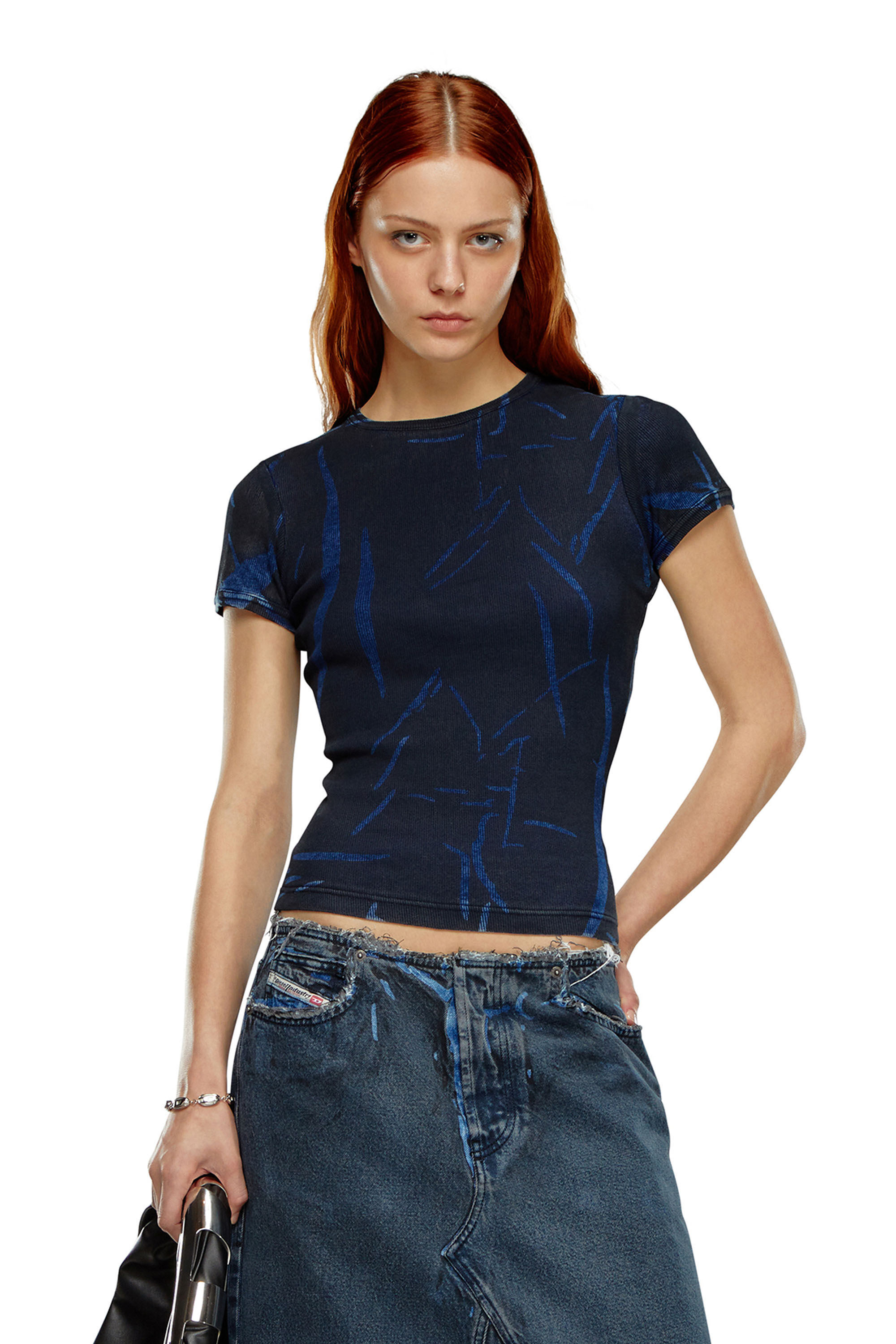 Diesel - DTO-D-DREW, Mujer Camiseta con estampado de pliegues in Azul marino - Image 3