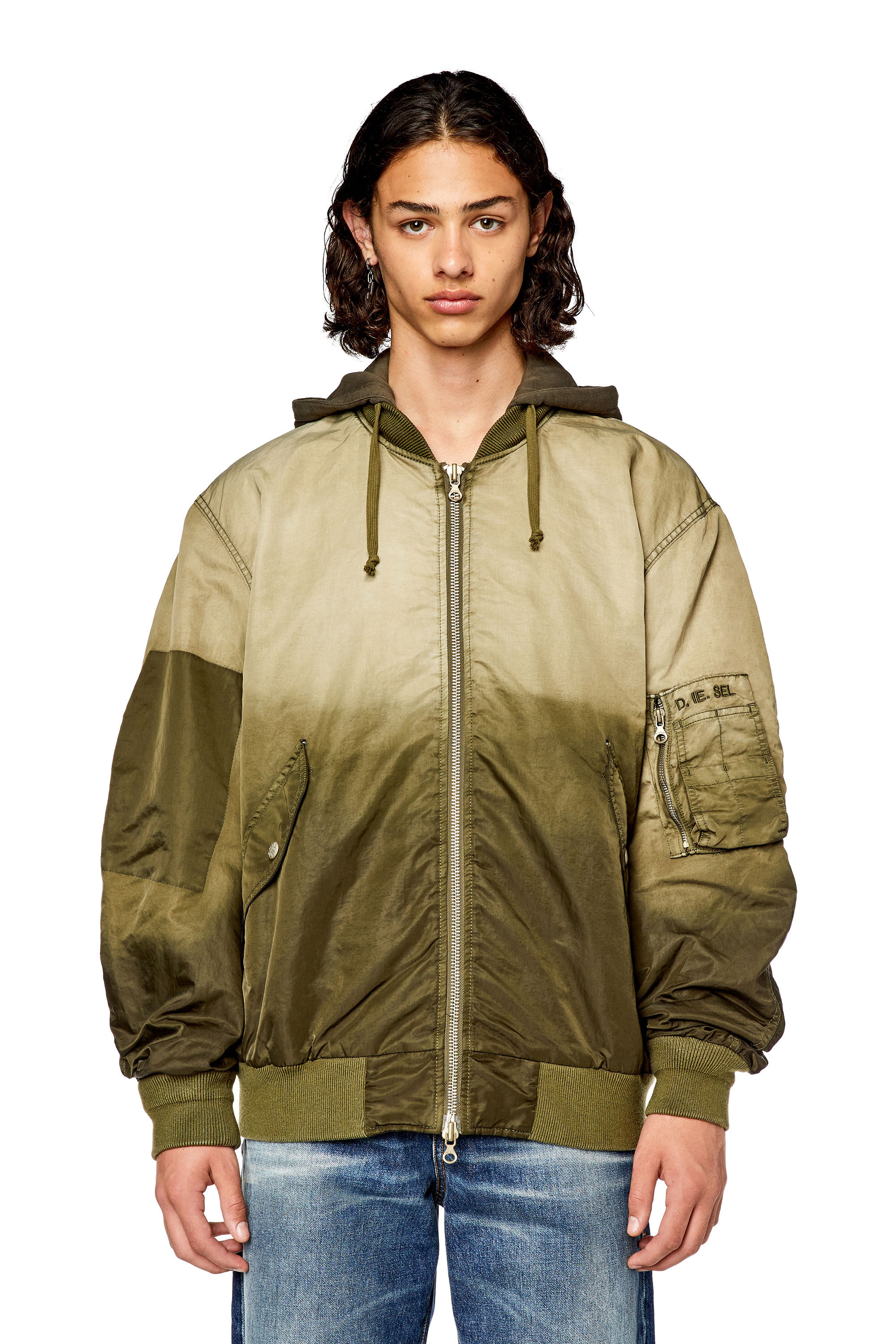 Diesel - J-COMMON, Chaqueta bomber con capucha de satén de nailon tratado Hombre in Marrón - 5