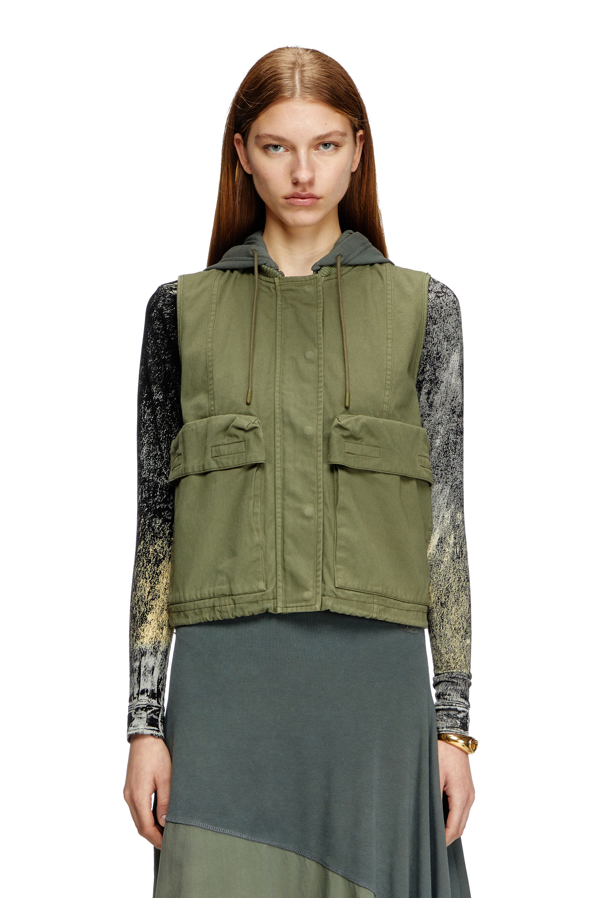 Diesel - G-ENESIS, Woman's Hooded cargo vest in cotton twill in Military Green - 3