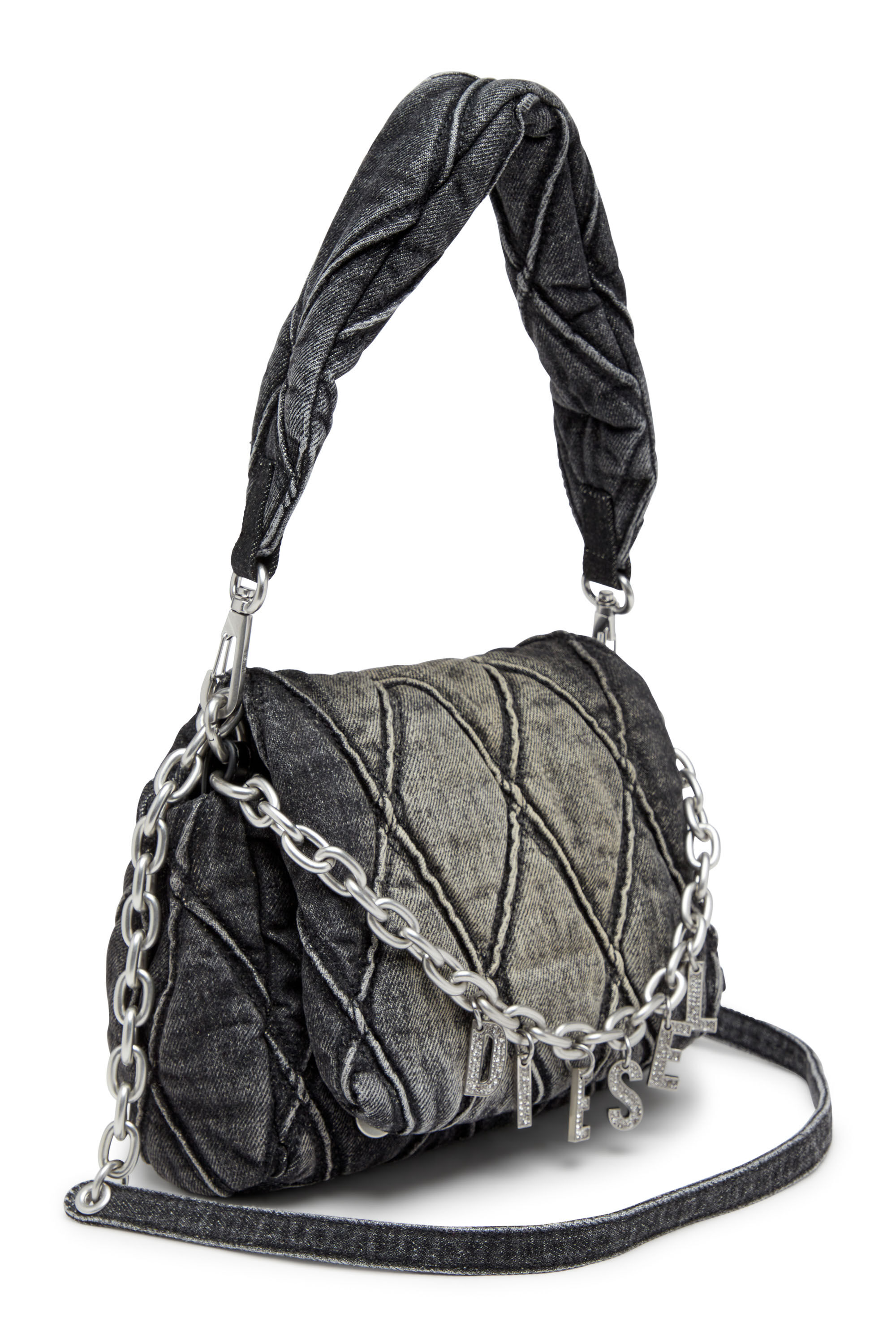 Diesel - CHARM-D SHOULDER S, Charm-D S-Bolso de hombro pequeño de denim acolchado Mujer in Negro - 2
