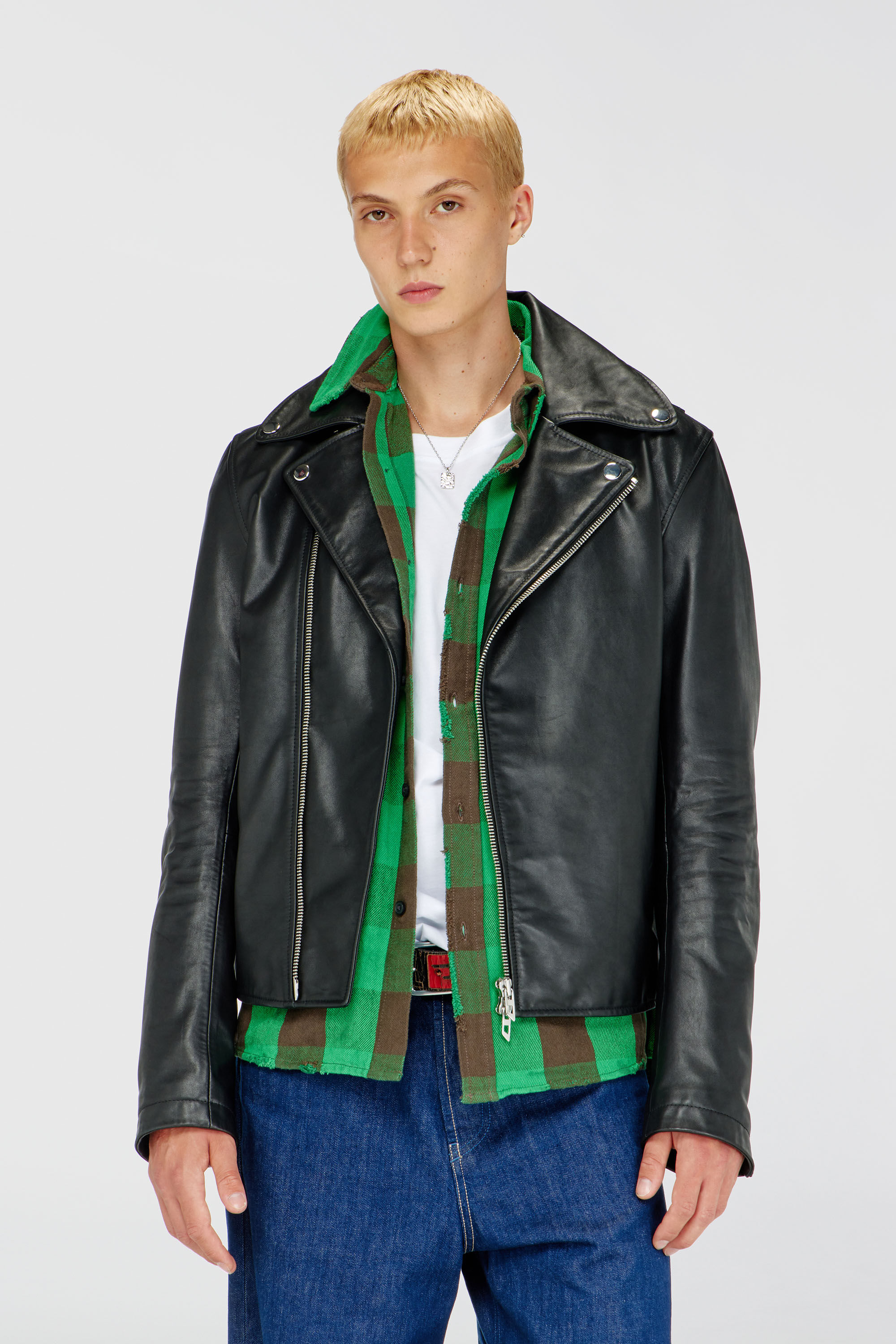 Diesel - L-EO-WRD, Chaqueta biker de cuero encerado Hombre in Negro - 3