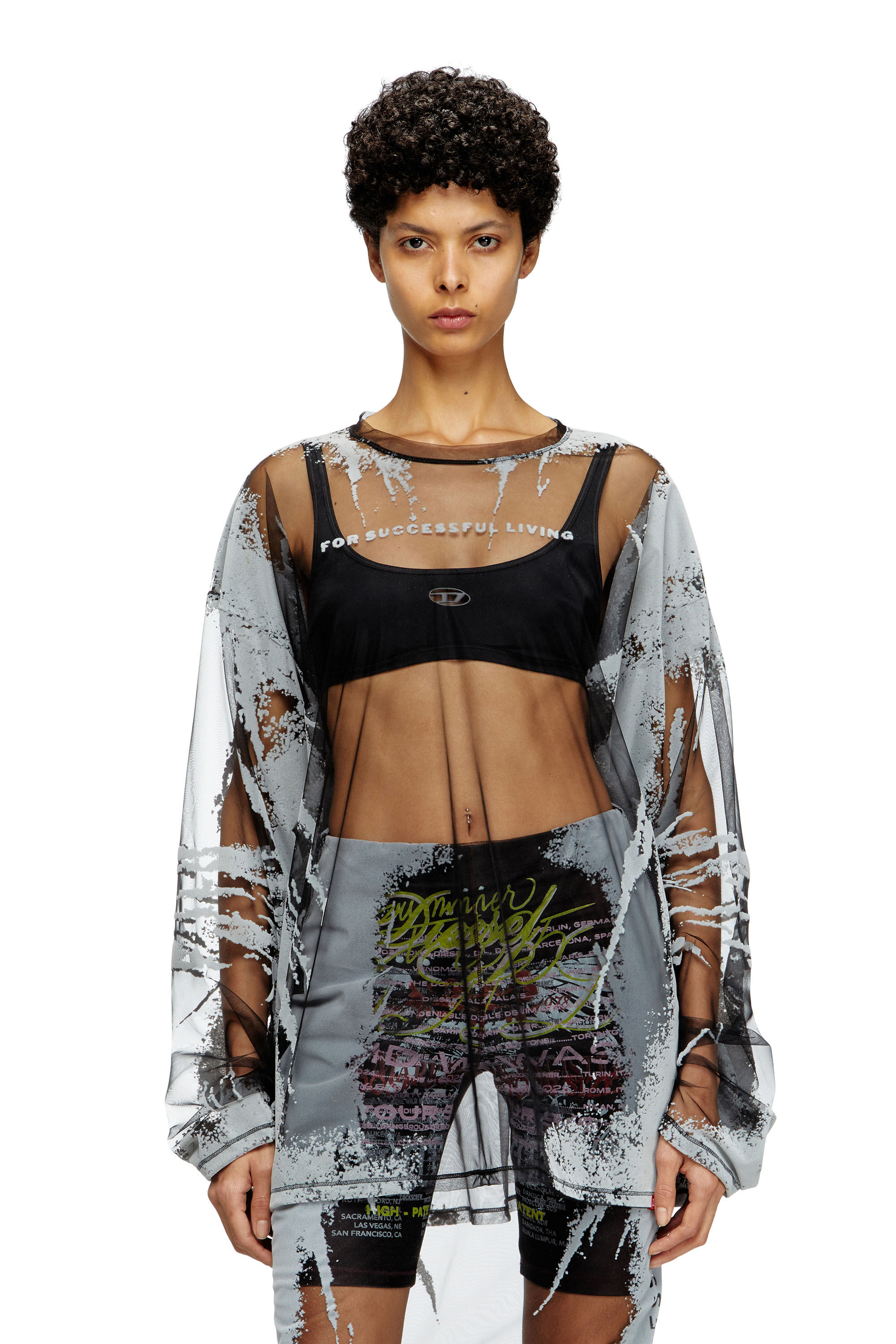 Diesel - T-HASSAN-LS-A, Camiseta de nailon con estampado de letras de canciones y manga larga Unisex in Negro - 6