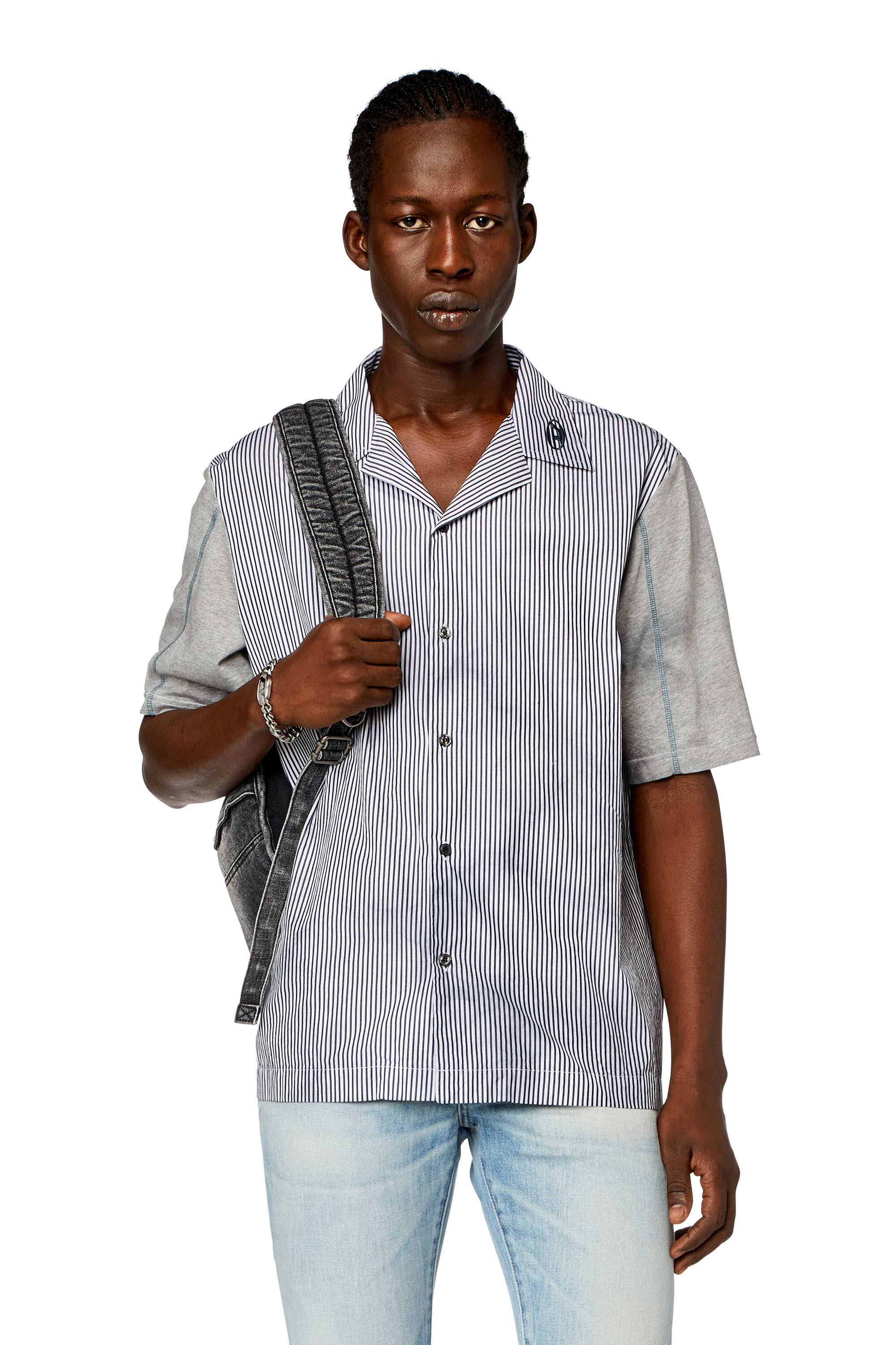 Diesel - S-TRUCKER, Man Tie-dyed poplin and jersey bowling shirt in Grey - Image 3