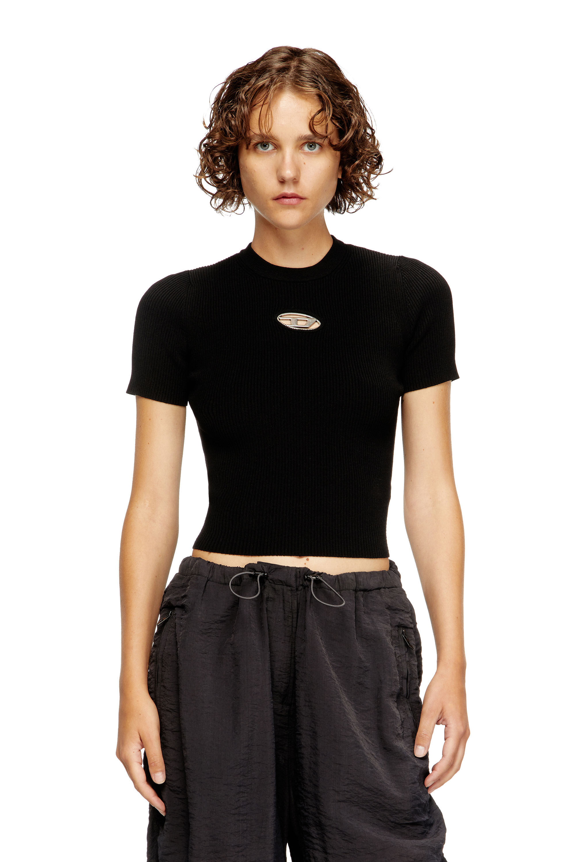Diesel - M-VALARI-SS, Jersey de manga corta con Oval D de metal Mujer in Negro - 3