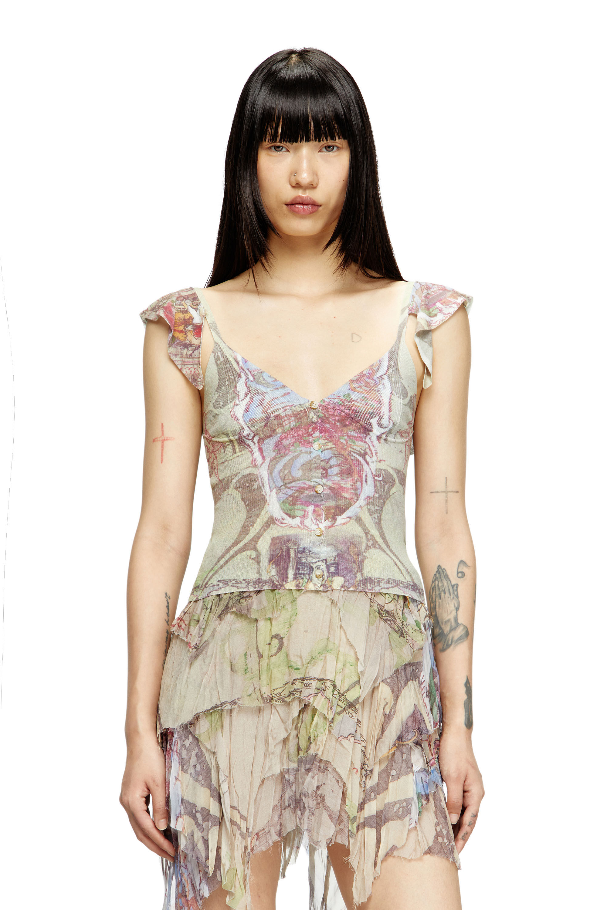 Diesel - M-FIORE, Woman's Ruffle-shoulder knit top with medieval print in Light Brown - 2