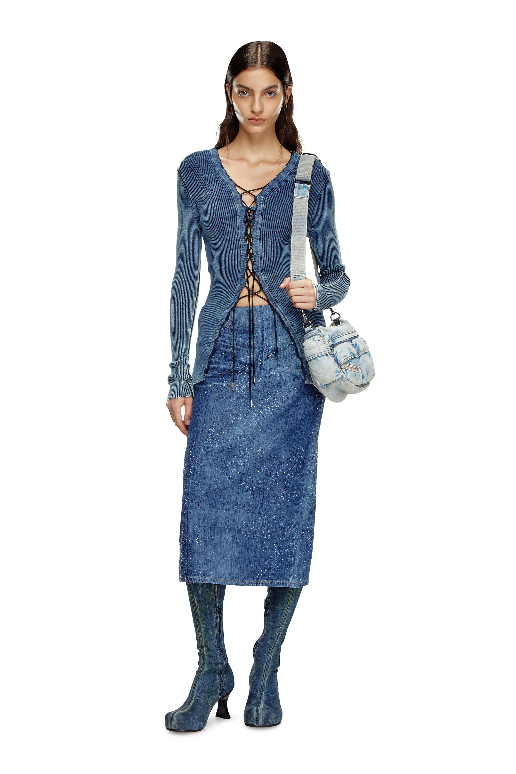 Diesel - DE-PRA-S3, Falda l&aacute;piz de denim con piedras Mujer in Azul marino - 1