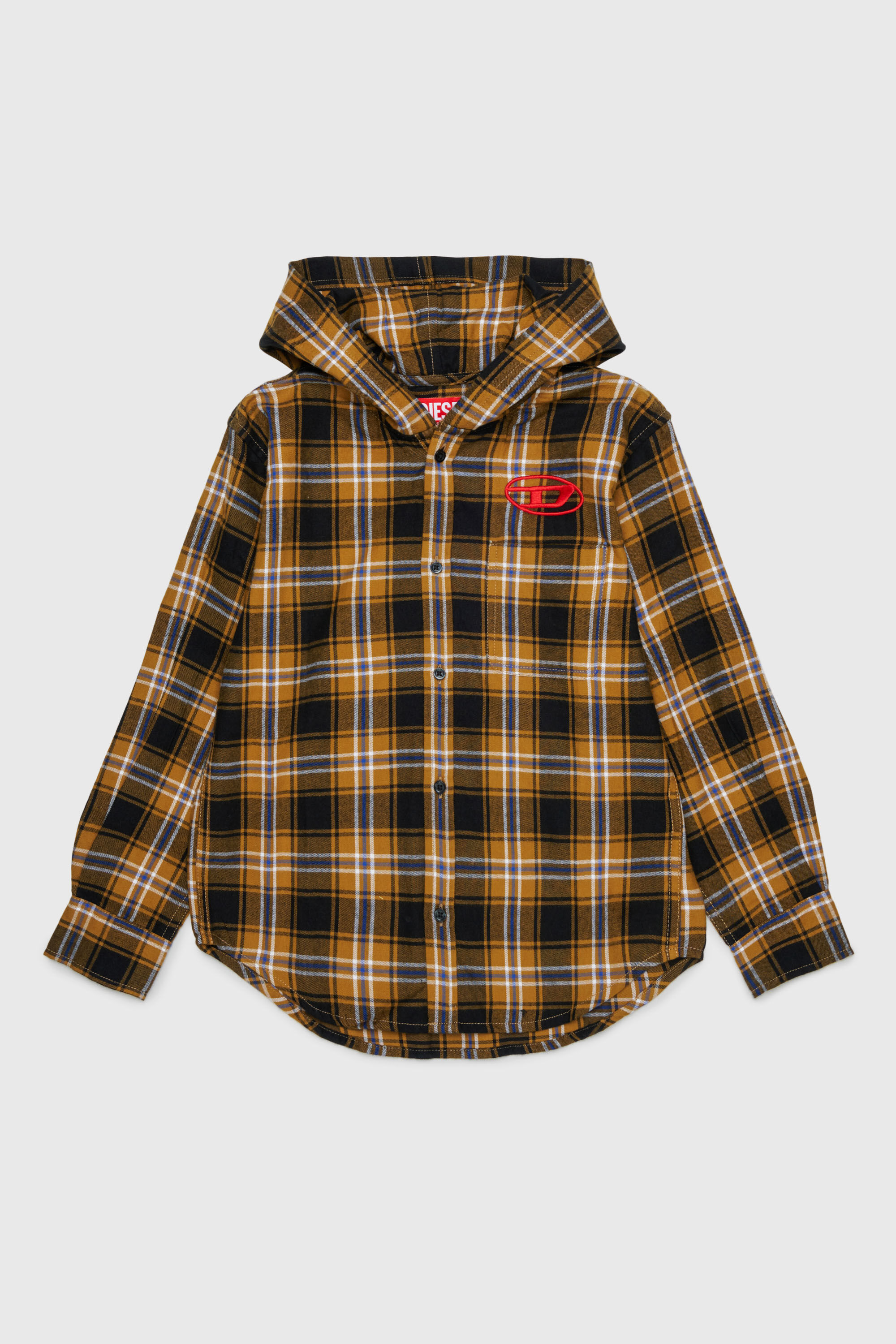 Diesel - CHECK OVER, Camisa de cuadros con capucha y Logo Oval D bordado Hombre in Marr&oacute;n - 1