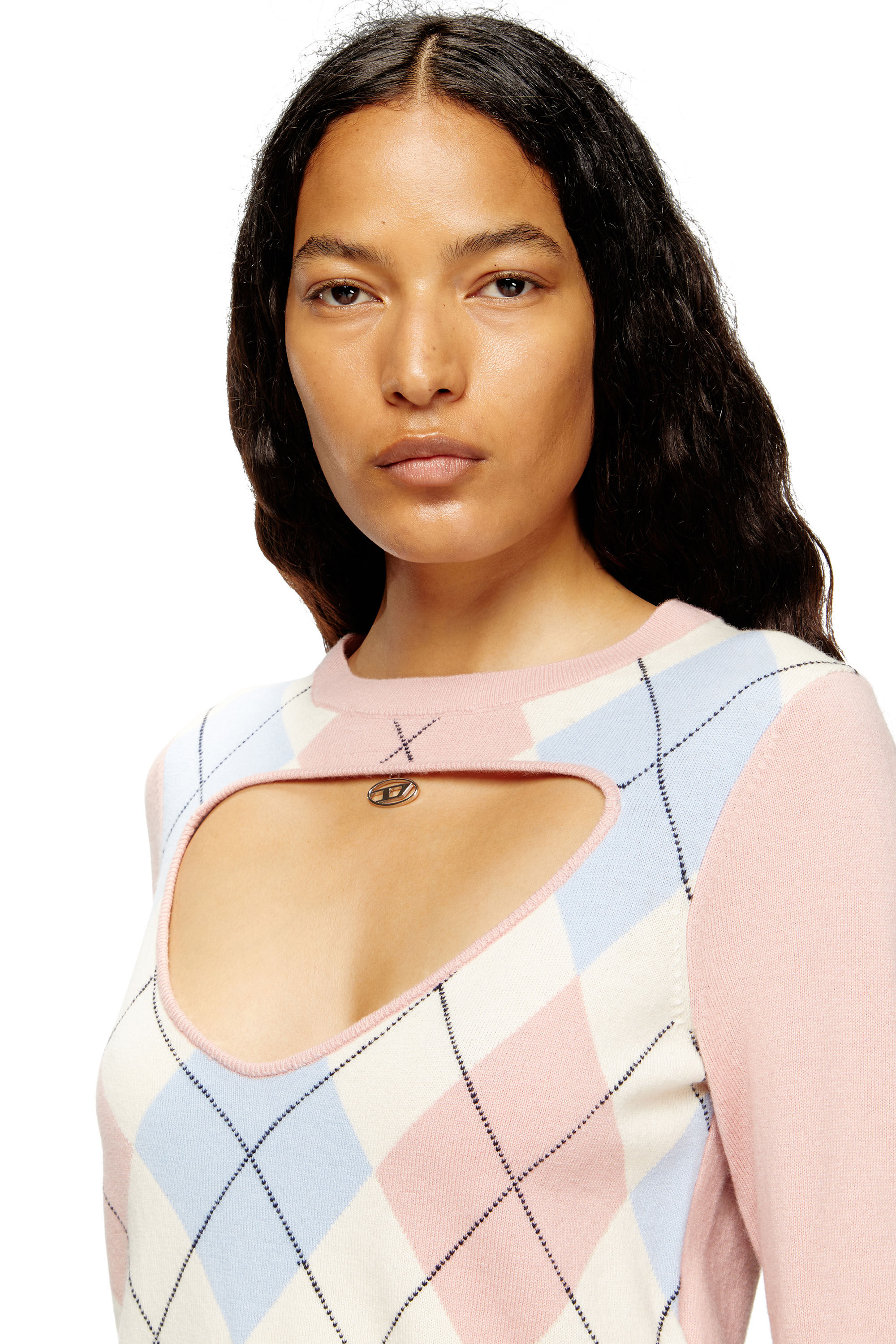 Diesel - M-ROMKO-LS, Suéter de lana argyle con recortes Mujer in Rosa - 5