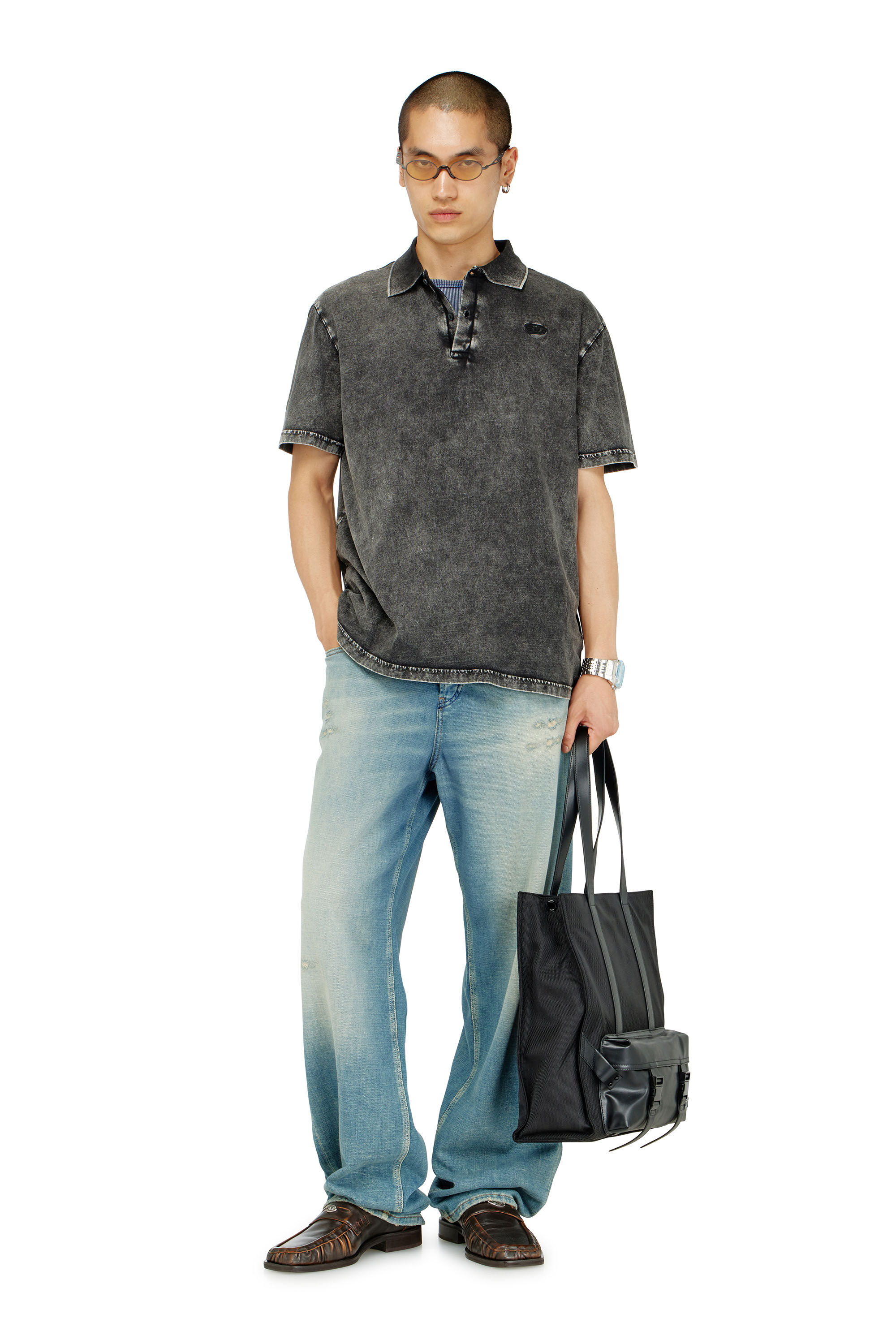 Diesel - T-REJUST-NC-DEN, Camiseta tipo polo en tejido de punto efecto denim Hombre in Gris - 1