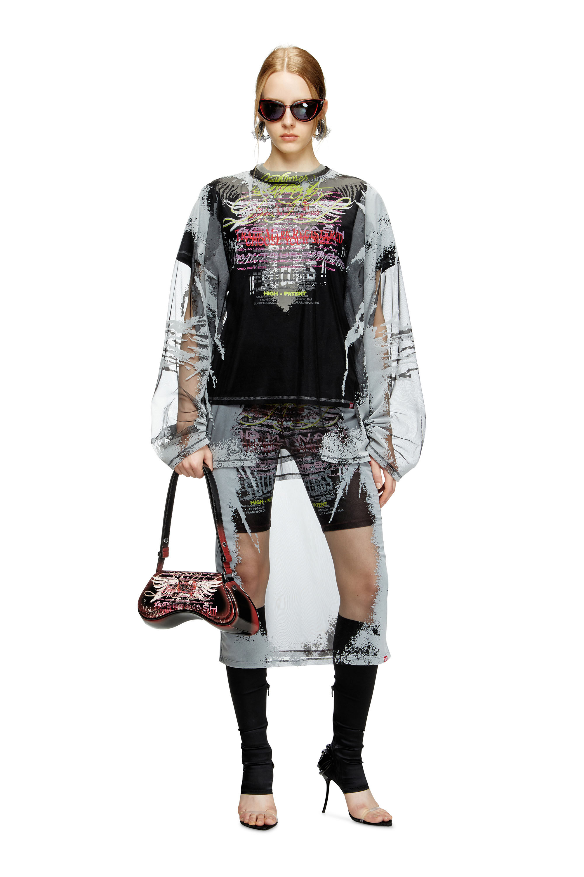 Diesel - O-LYAC, Falda midi con estampado de letras de canciones a capas Mujer in Multicolor - 1