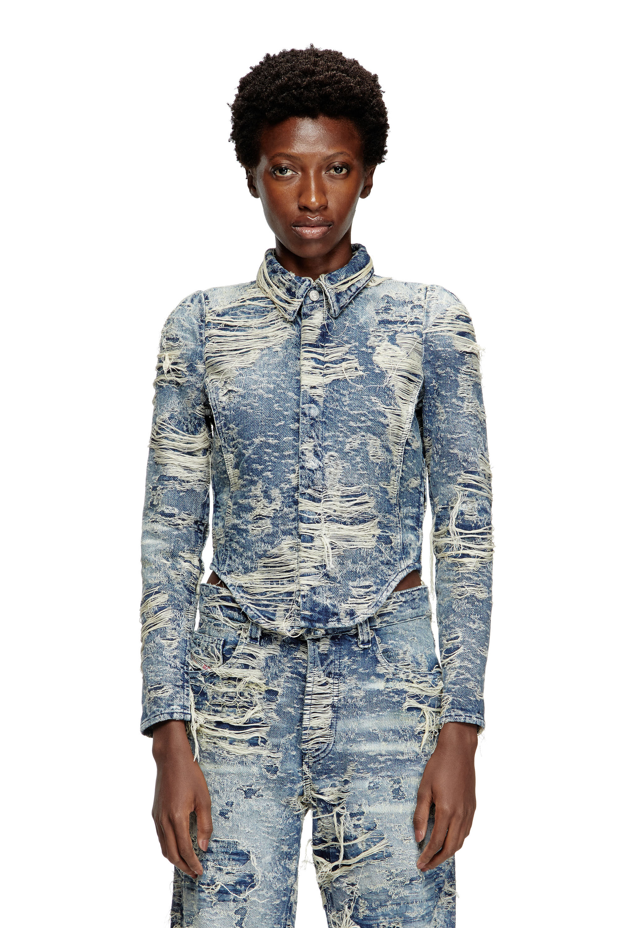 Diesel - DE-MADELINE-FSG, Camisa en denim jacquard con hilos flotantes Mujer in Azul marino - 3