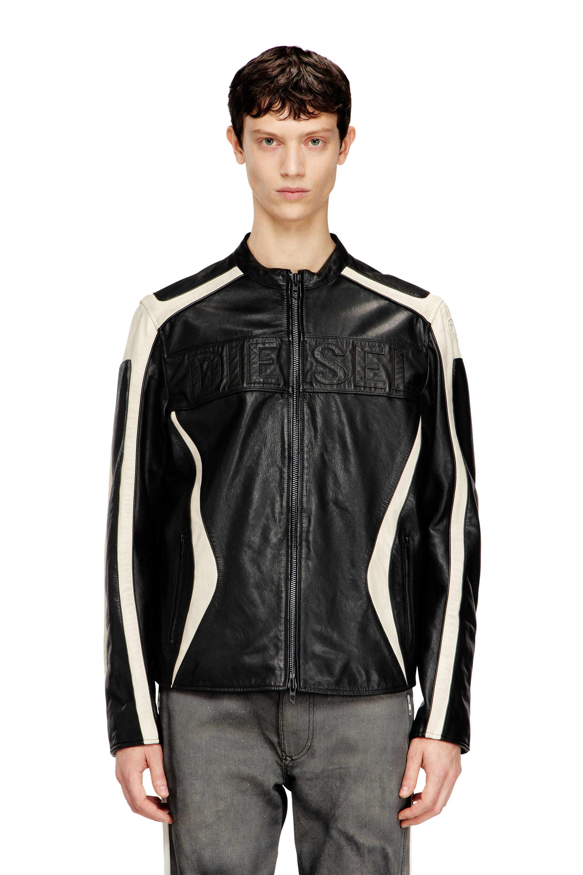 DIESEL Riders Jacket フード付き 新品同様 SALE‼️ Men's Colour-block leather biker jacket | Multicolor | Diesel