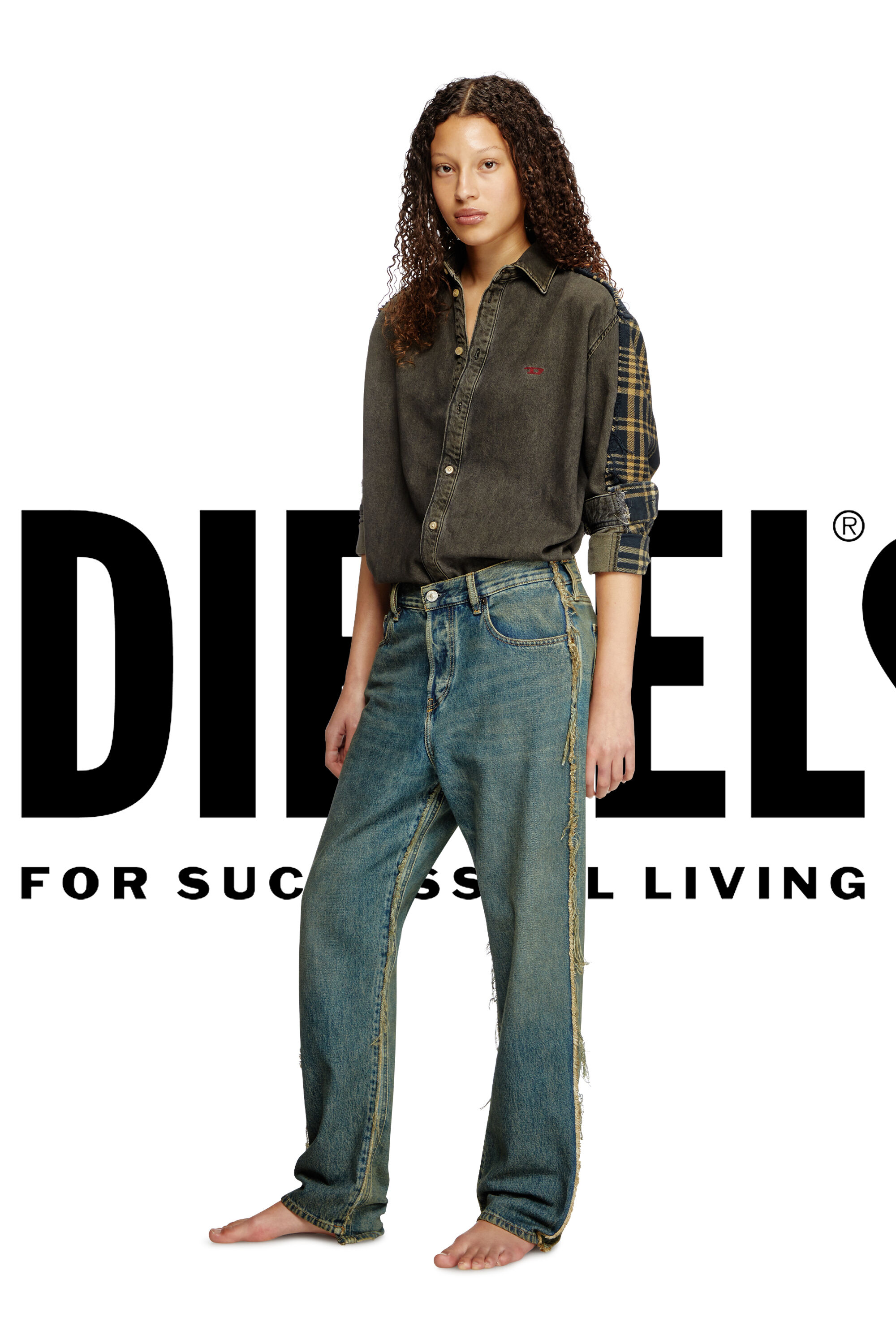 Diesel - Shirt Dieseloves 5A, Camisa de denim sobreteñido y cuadros Unisex in Multicolor - 1