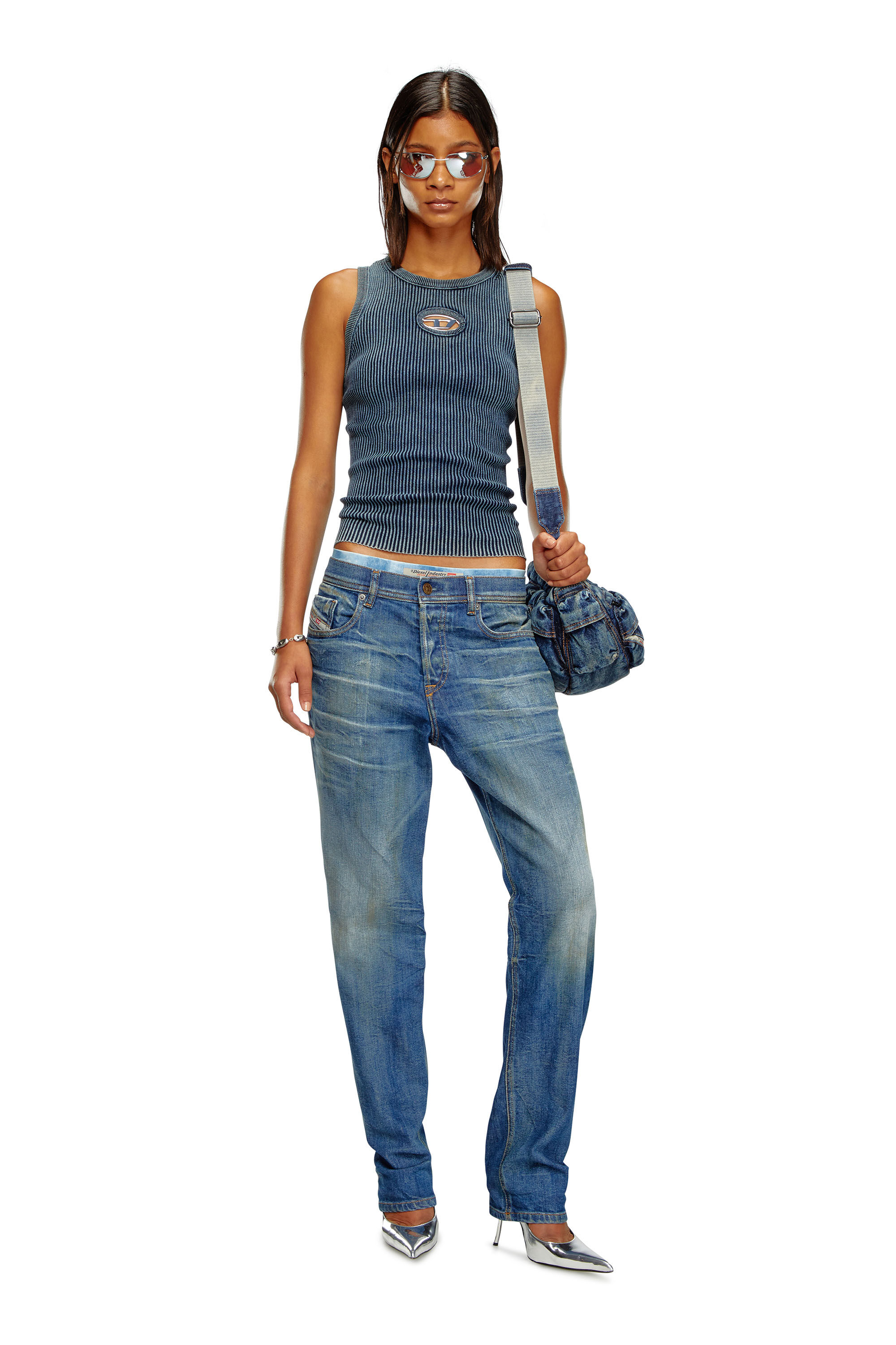 Camiseta con tirantes tejida en canale con Oval D Mujer Azul marino Diesel