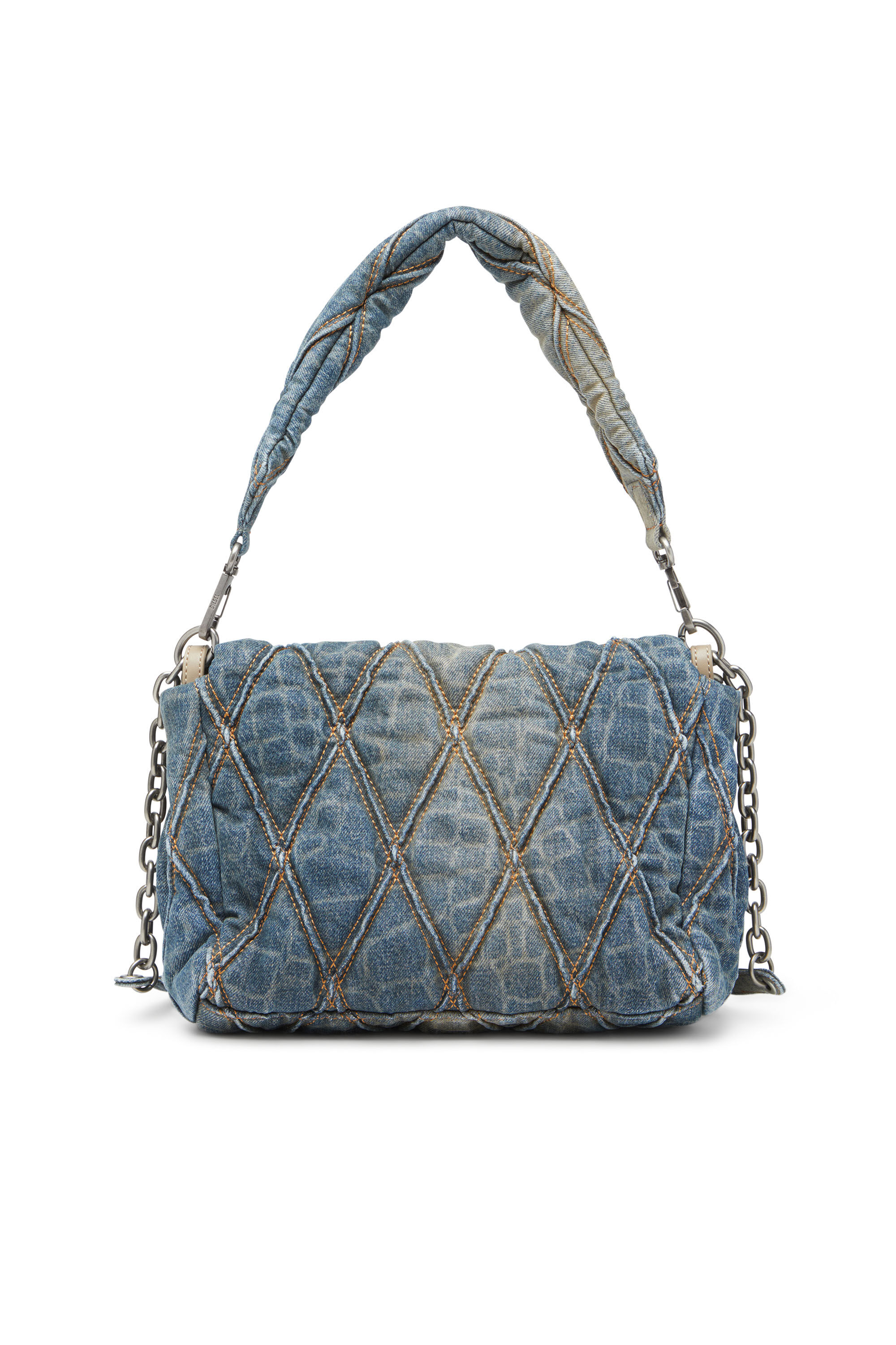 Diesel - CNY CHARM-D SHOULDER M, Bolso de hombro de denim acolchado con estampado de serpiente Mujer in Azul marino - 3