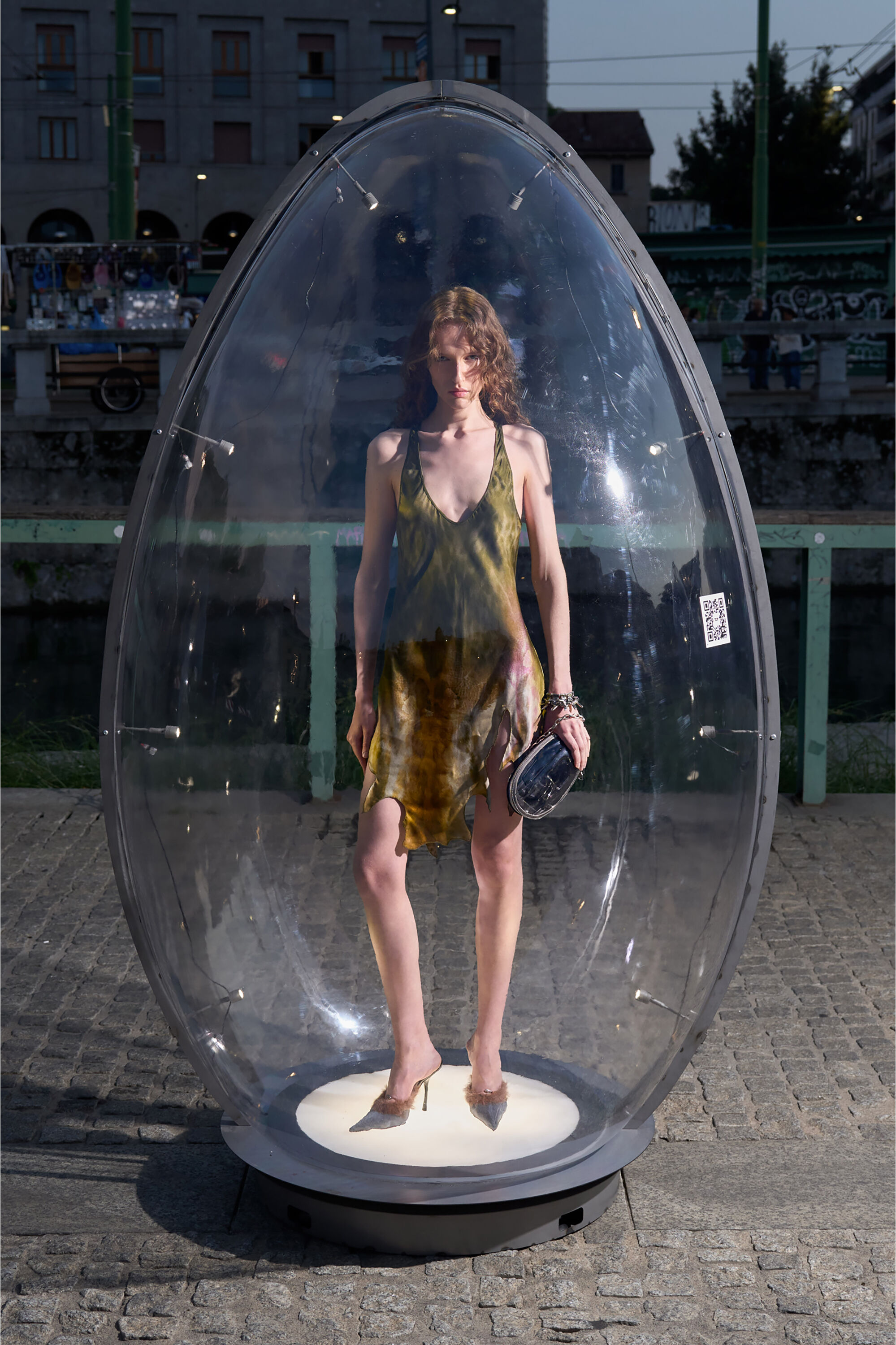 Diesel - D-AHIUL, Woman's Short satin dress with hide-effect hem in Brown/Green - 6