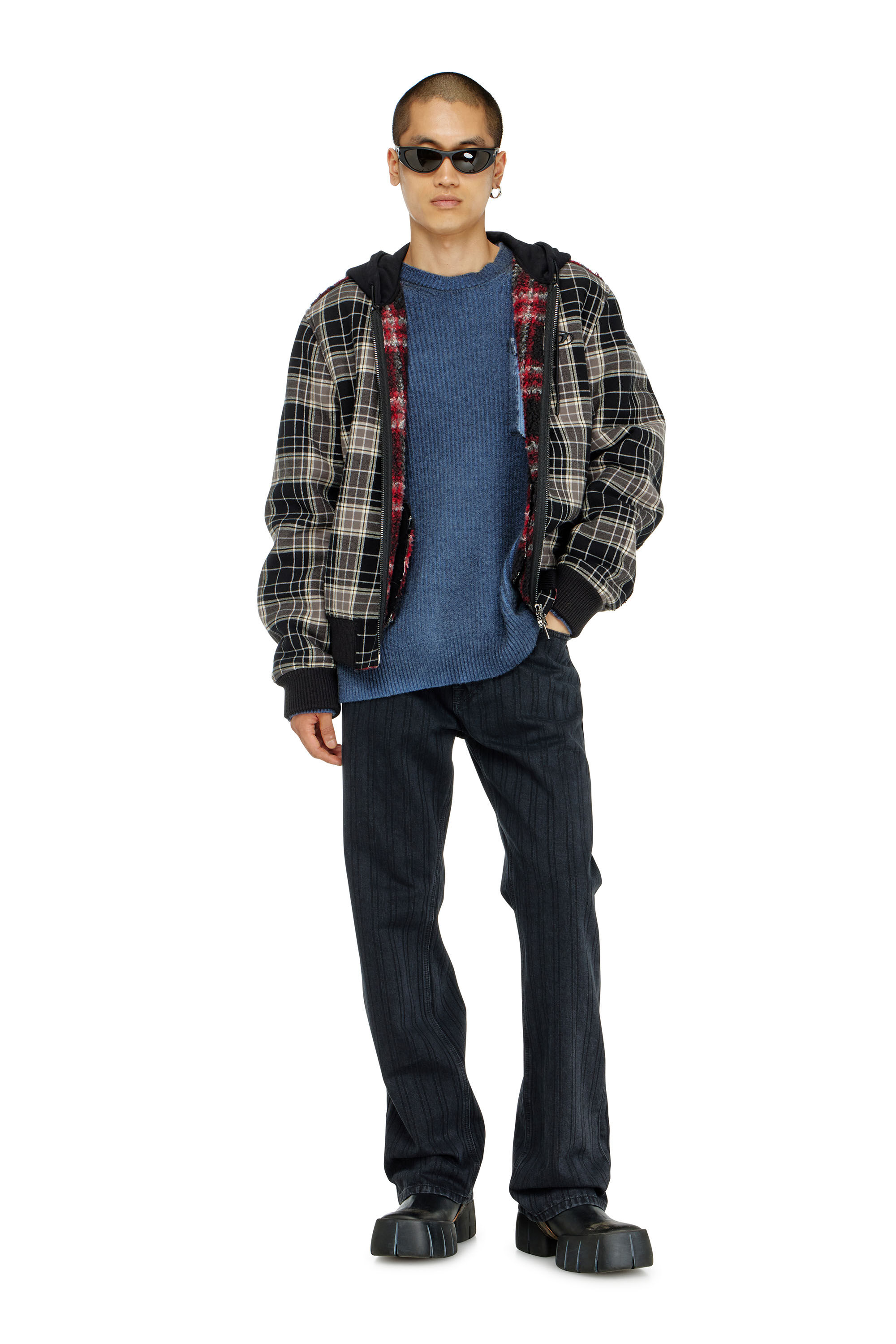 Diesel - W-KUNST, Chaqueta bomber de franela a cuadros con interior teddy Hombre in Multicolor - 1