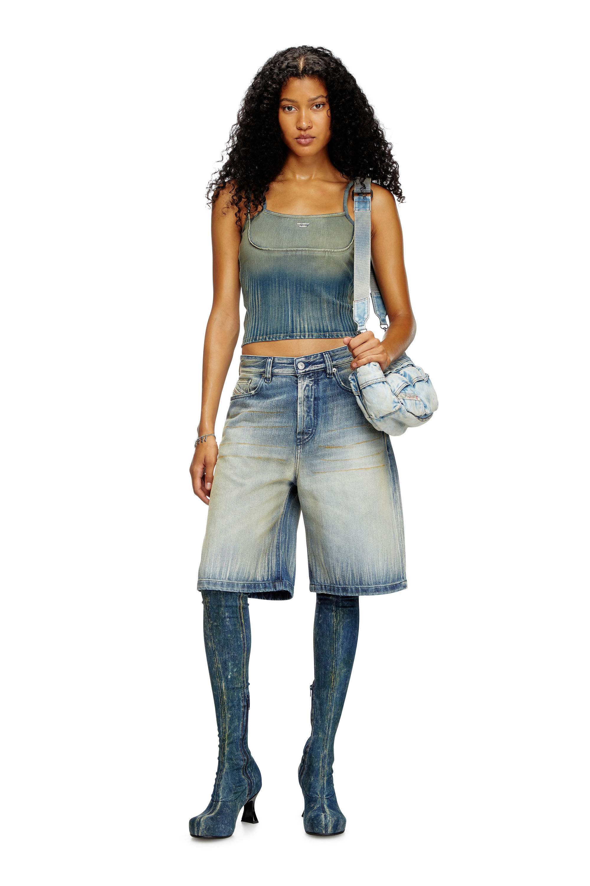 Diesel - DE-MADDY-S, Top recortado en denim claro con efecto a rayas Mujer in Azul marino - 1