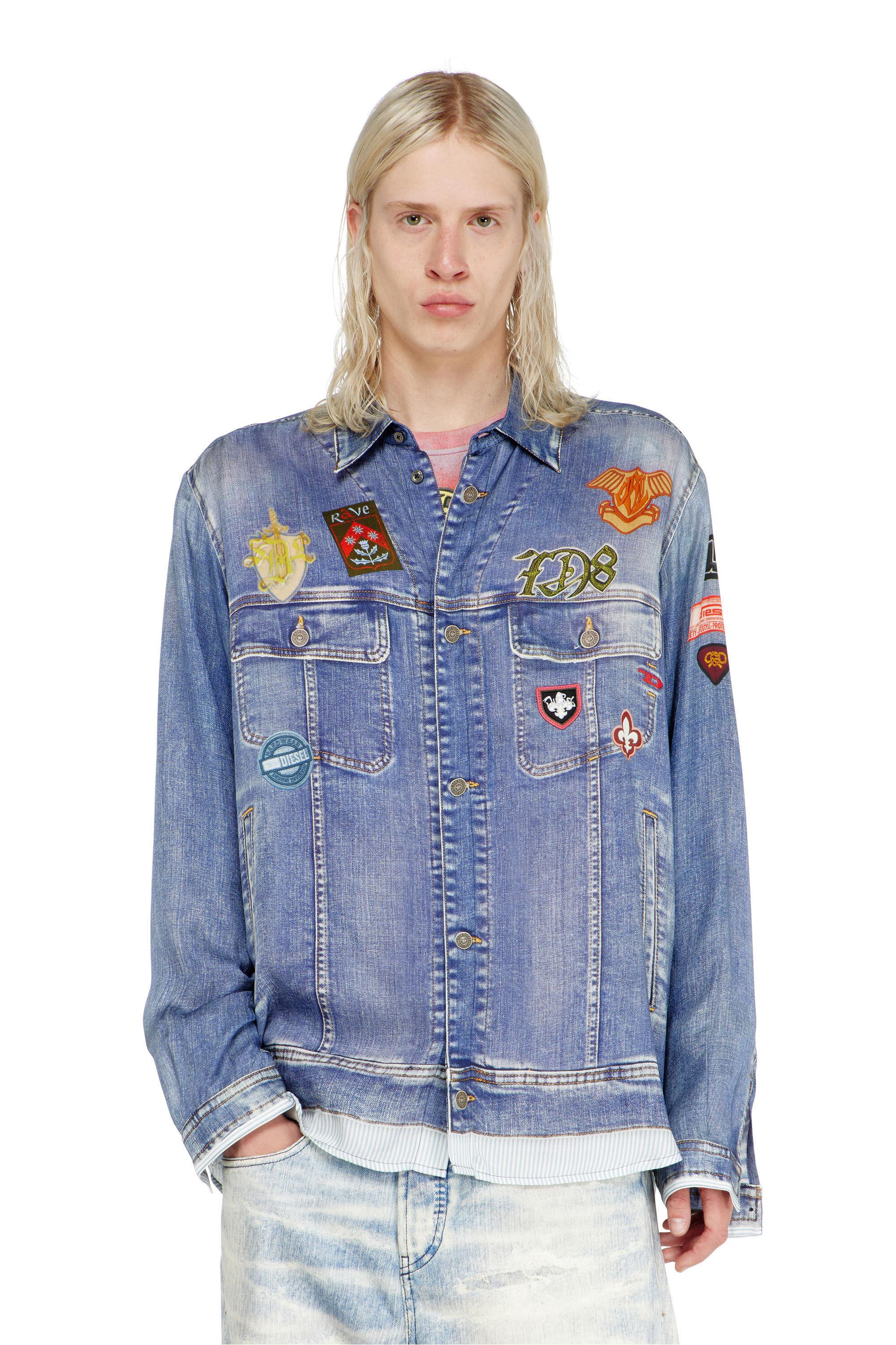 Diesel - S-SIMPLY-PATCH, Camisa satinada con estampado denim trompe-l'oeil Hombre in ToBeDefined - 3