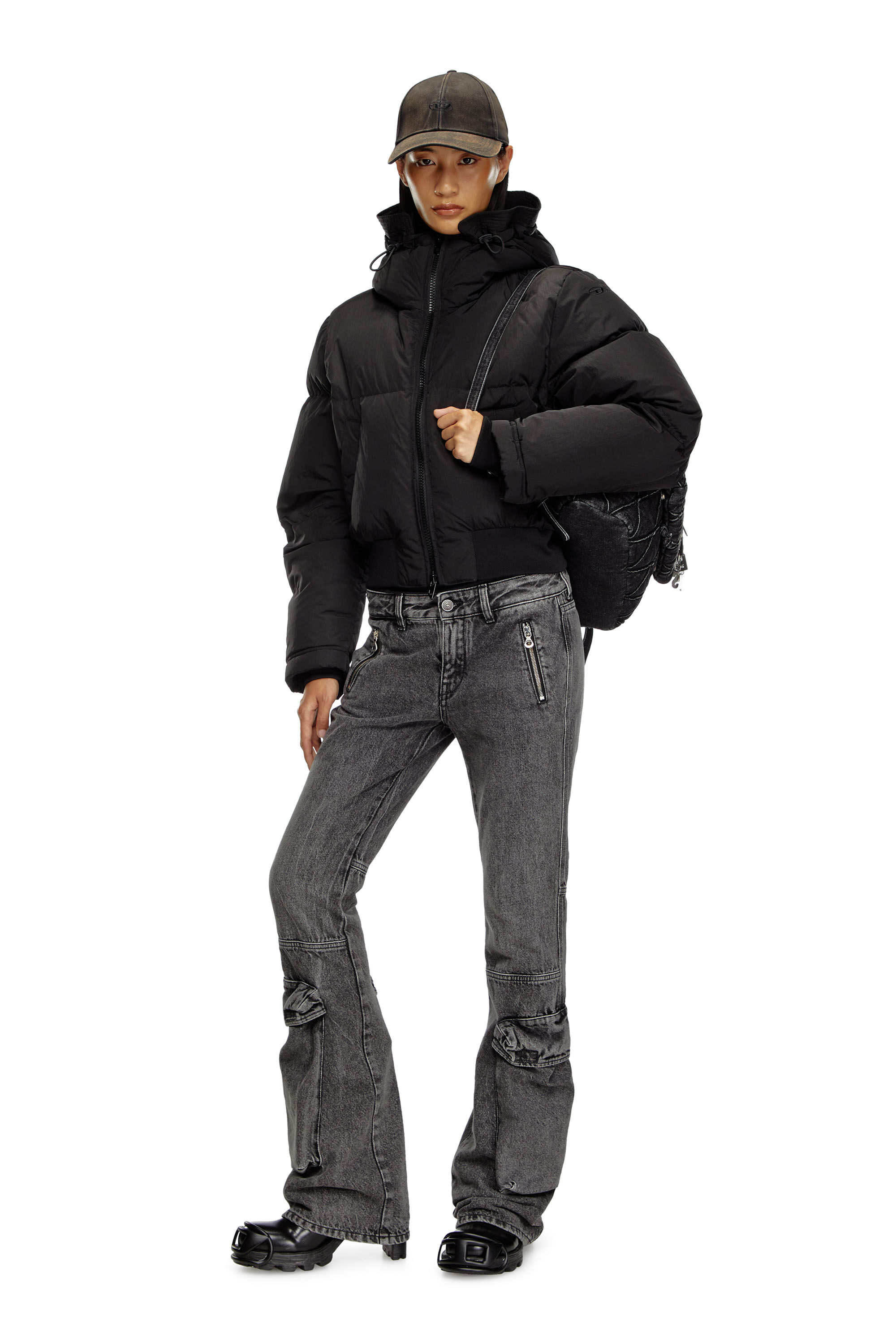 Women's Hooded down jacket in crinkled nylon | Black | Diesel