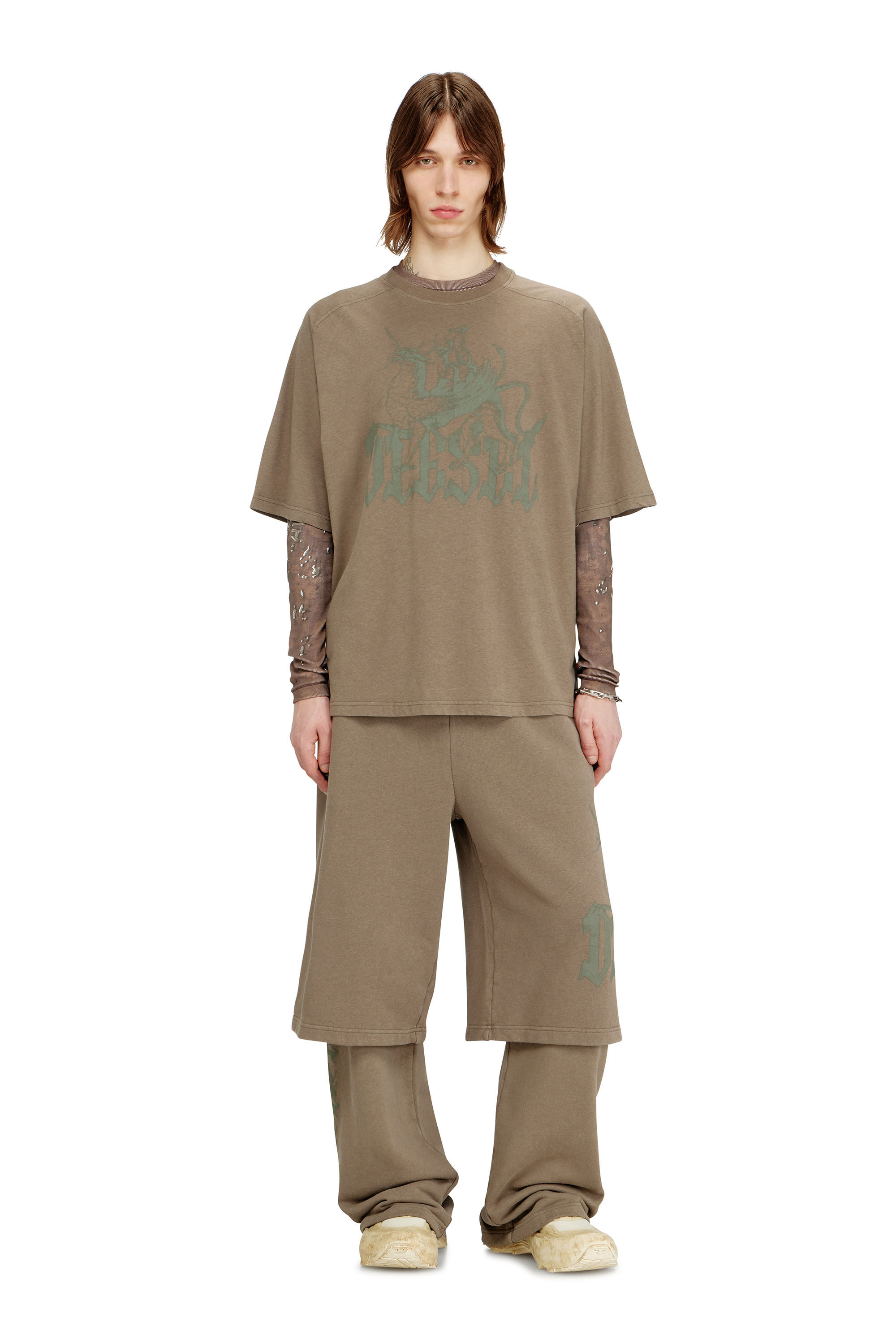 Diesel - T-JUSSI-A, Camiseta estampada de algod&oacute;n y c&aacute;&ntilde;amo Hombre in Beige - 1