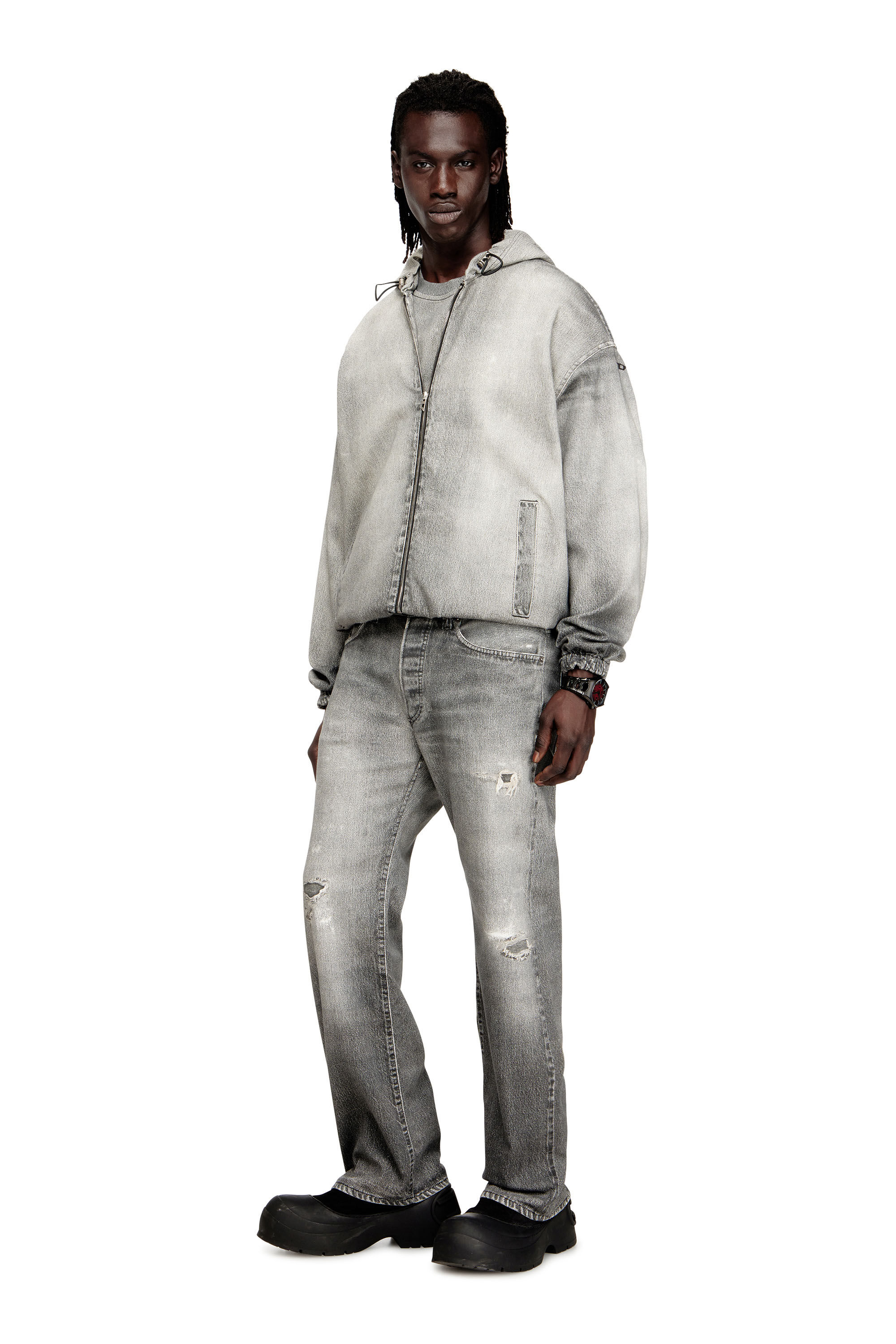 Diesel - D-WYNNY JOGG, Chaqueta con capucha en trompe l'oeil JoggJeans Hombre in Gris - 1
