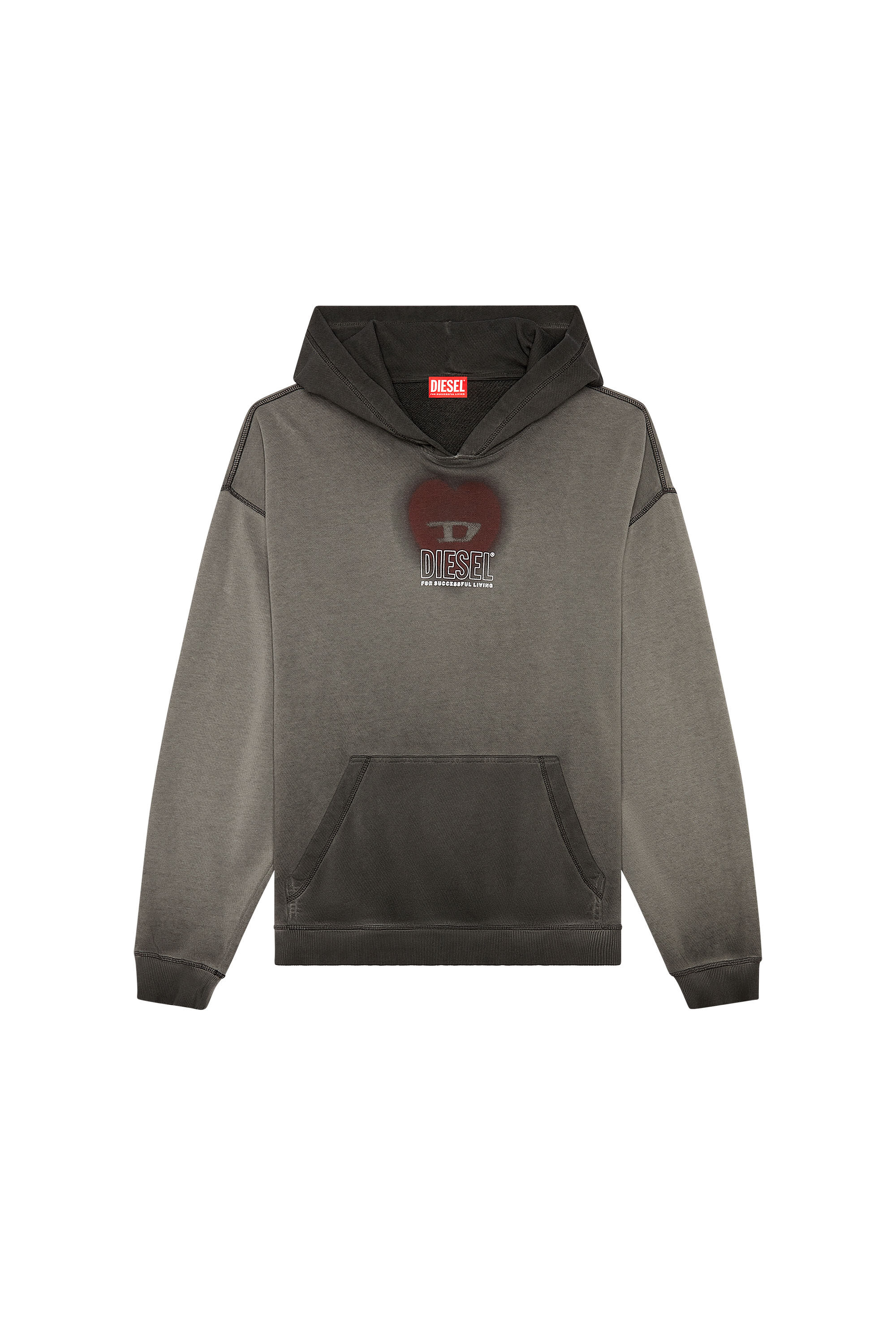 Diesel - S-BOXT-HOOD-N10, Sudadera con capucha desteñida con estampado de corazón Hombre in Negro - 1