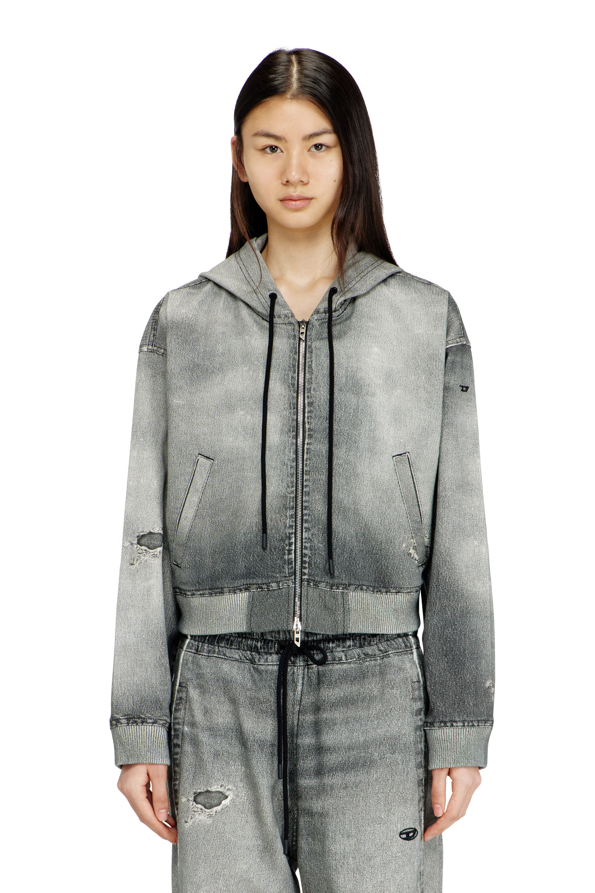 Diesel - DE-GIRI-CROP JOGG, Sudadera con capucha de cremallera en trompe l'oeil JoggJeans Mujer in Gris - 3