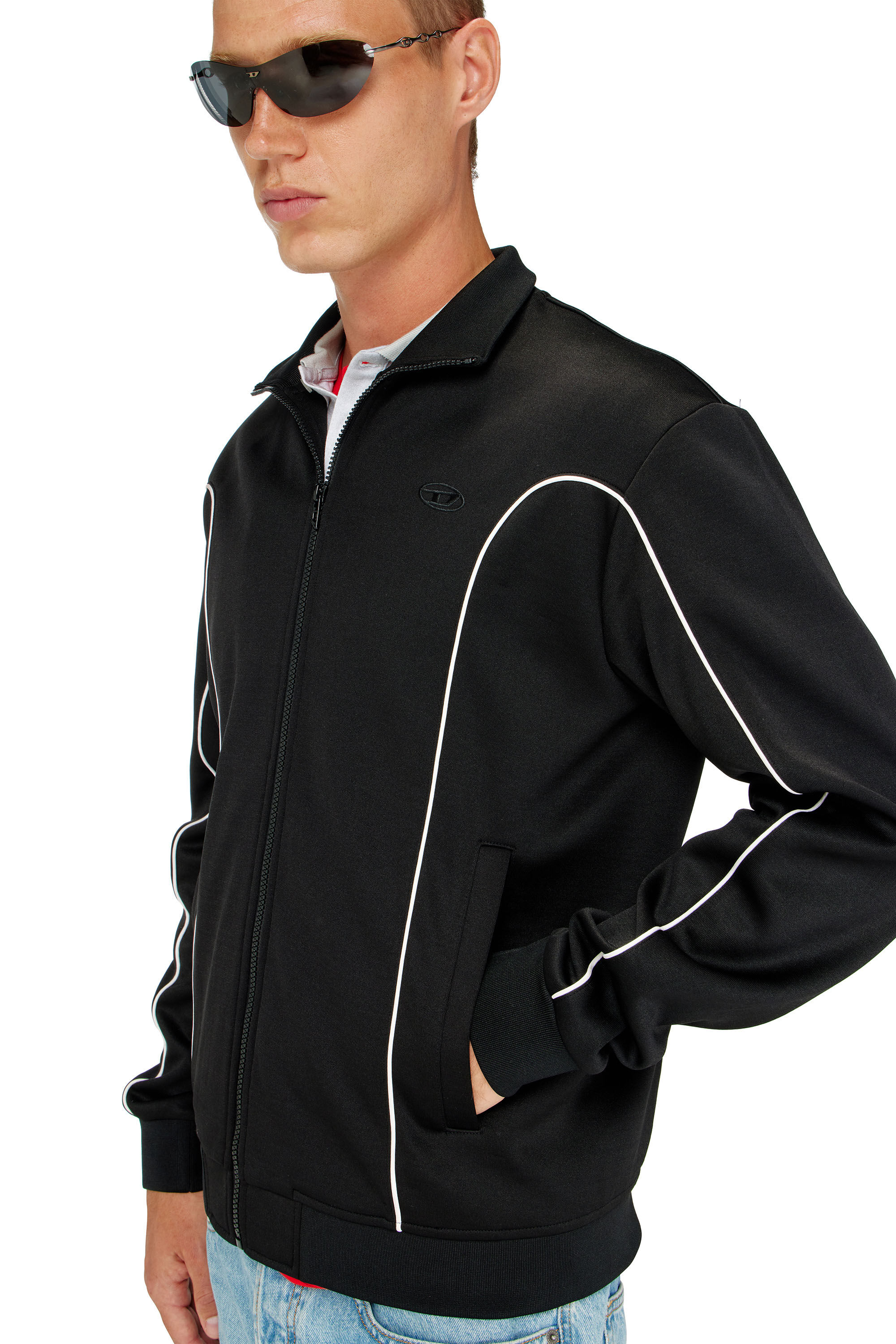 Diesel - S-LOCKING-DO, Chaqueta de ch&aacute;ndal de felpa con ribetes en contraste Hombre in Negro - 5