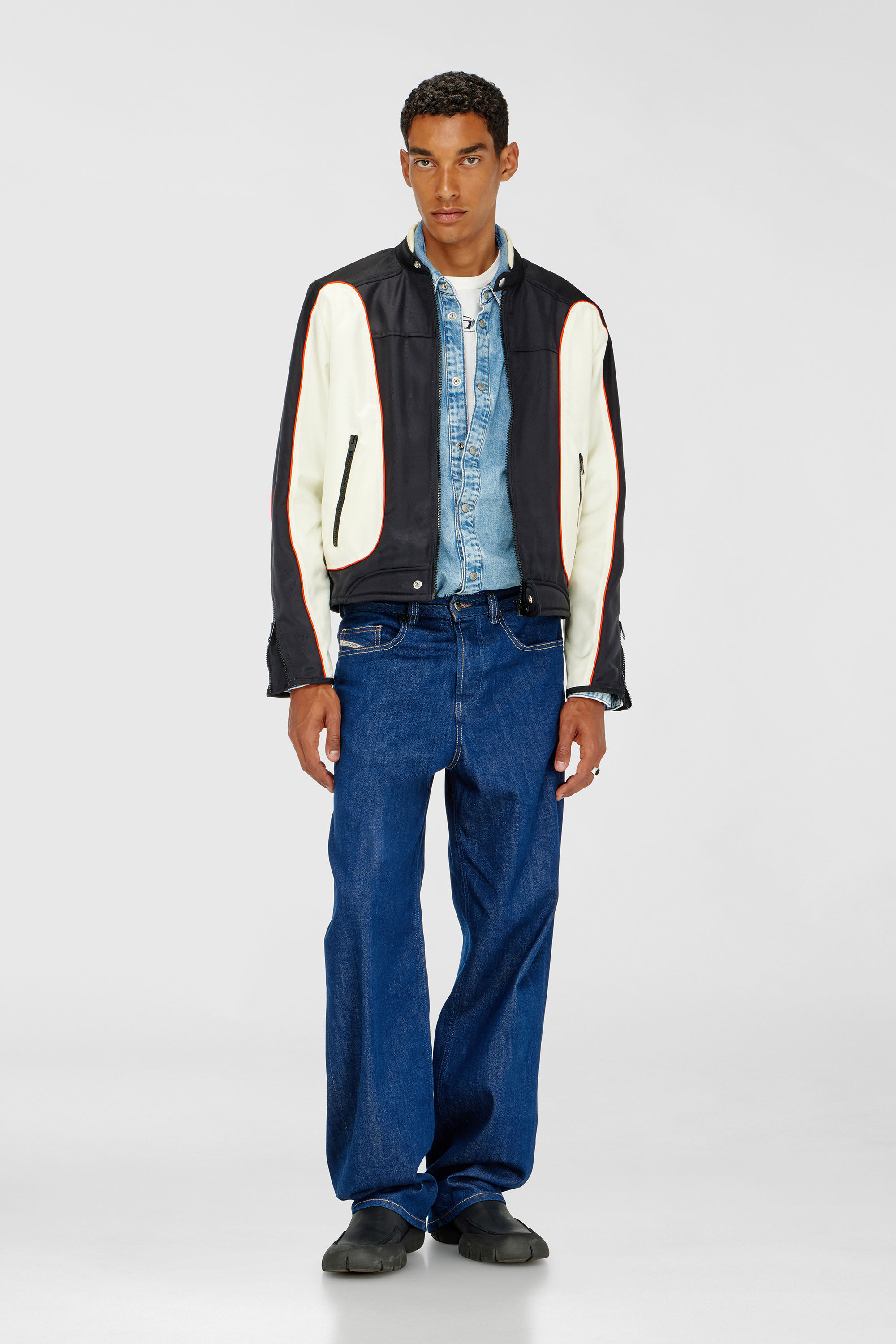 Diesel - J-BLINK-A, Man's Colour-block biker jacket with piping in White/Black - 1