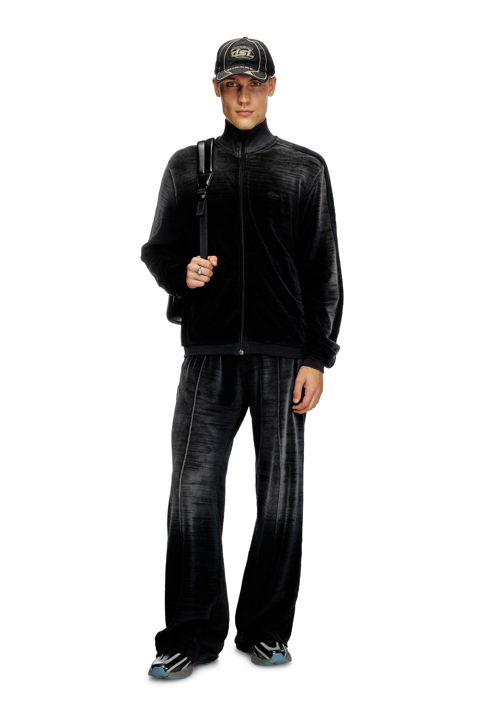 Diesel - P-OZAMP-BAND, Pantalones deportivos de chenilla desteñida Hombre in Negro - 1