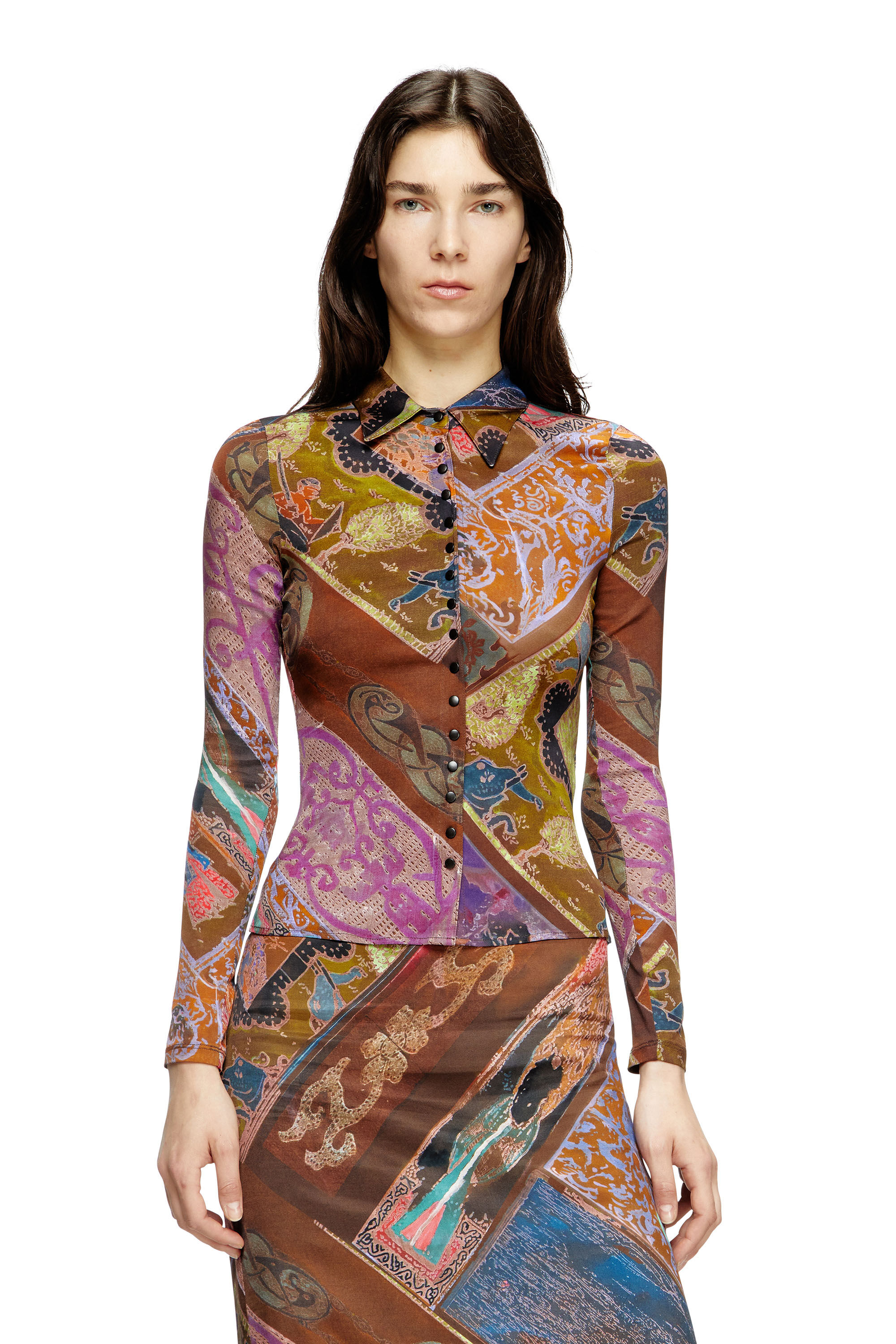 Diesel - C-AMELIA, Camisa de viscosa elástica con estampado heráldico Mujer in Marrón - 3
