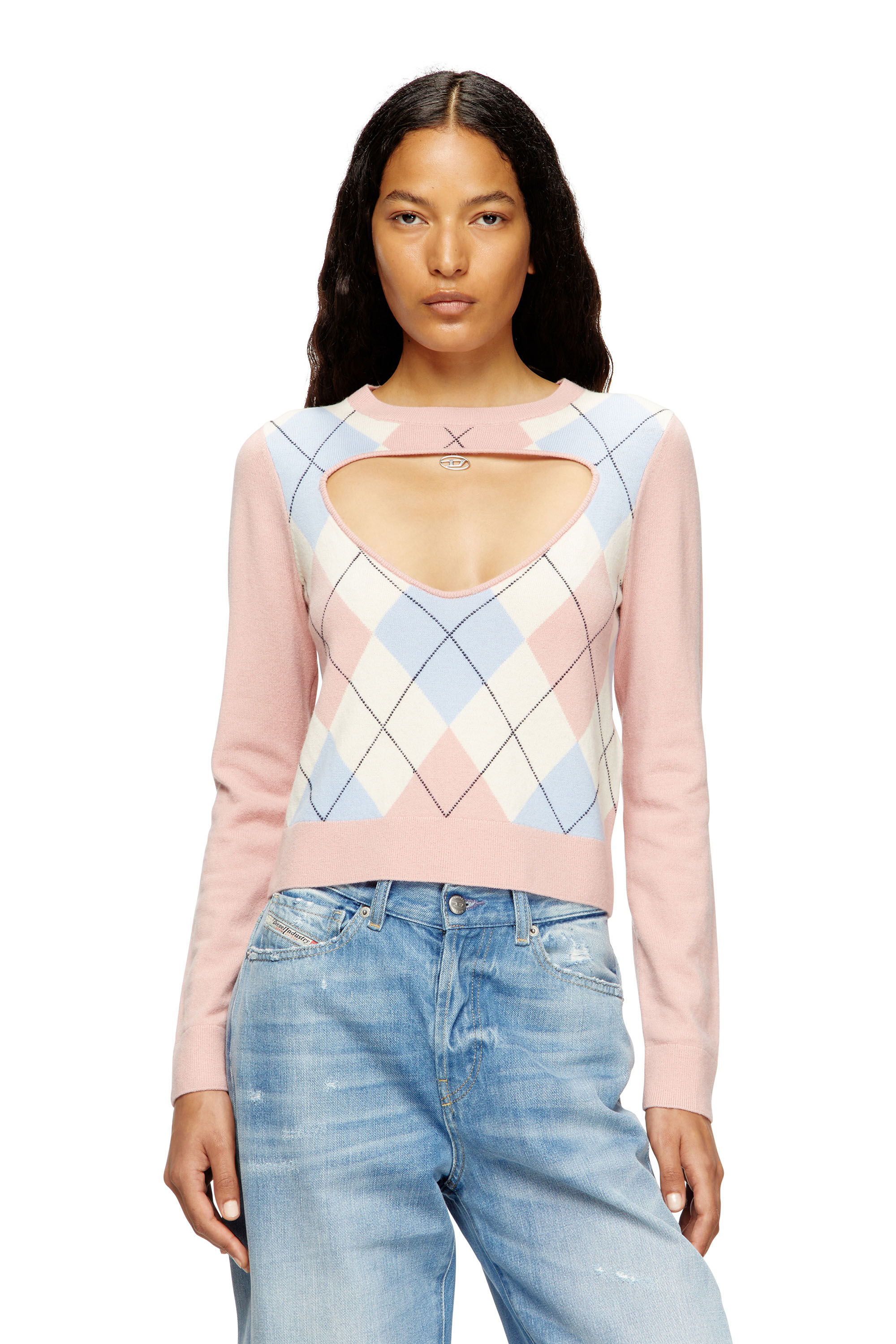 Diesel - M-ROMKO-LS, Suéter de lana argyle con recortes Mujer in Rosa - 3