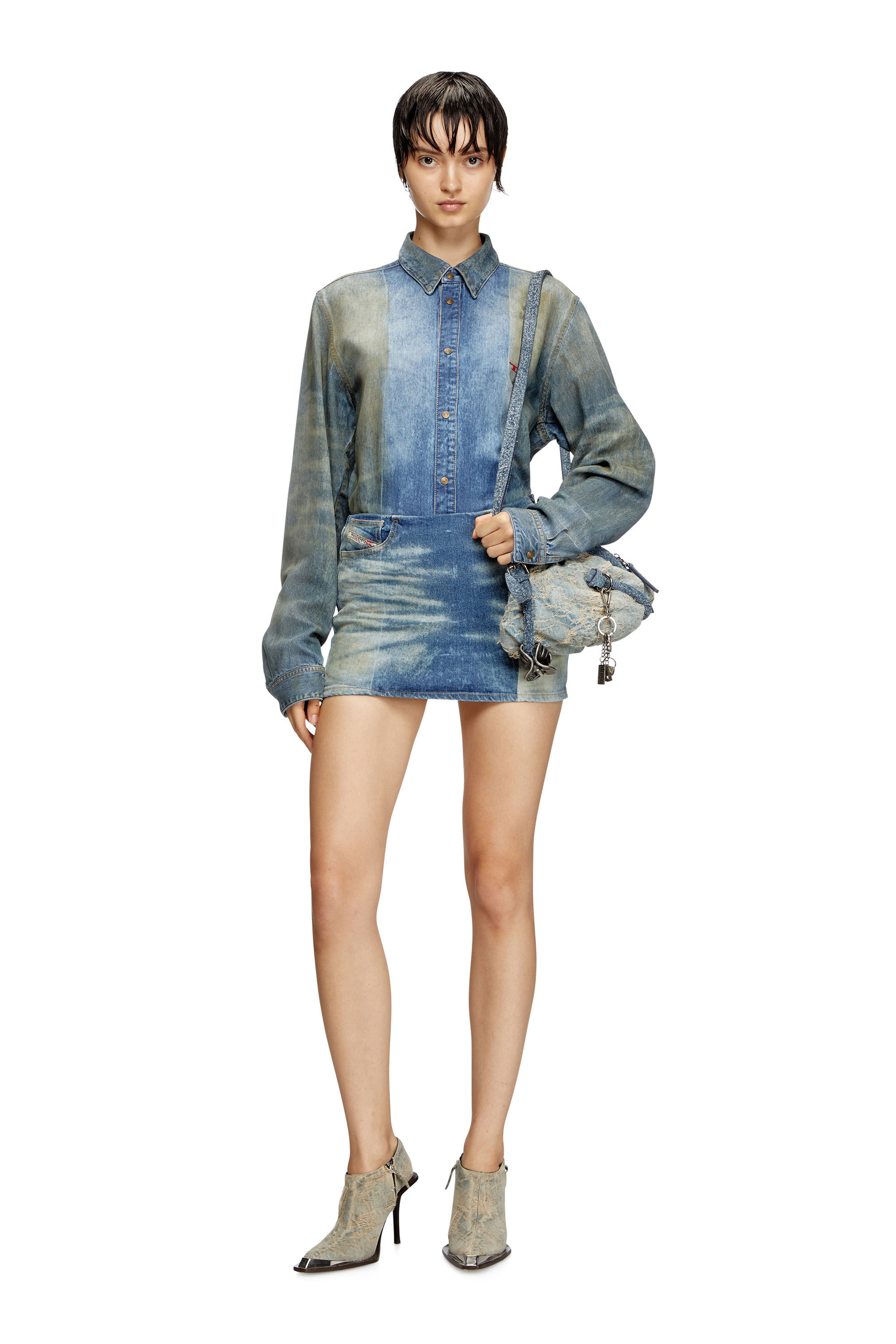 Diesel - DE-PRA-MINI-FSF, Minifalda de denim con pliegues solarizados Mujer in Azul marino - 1