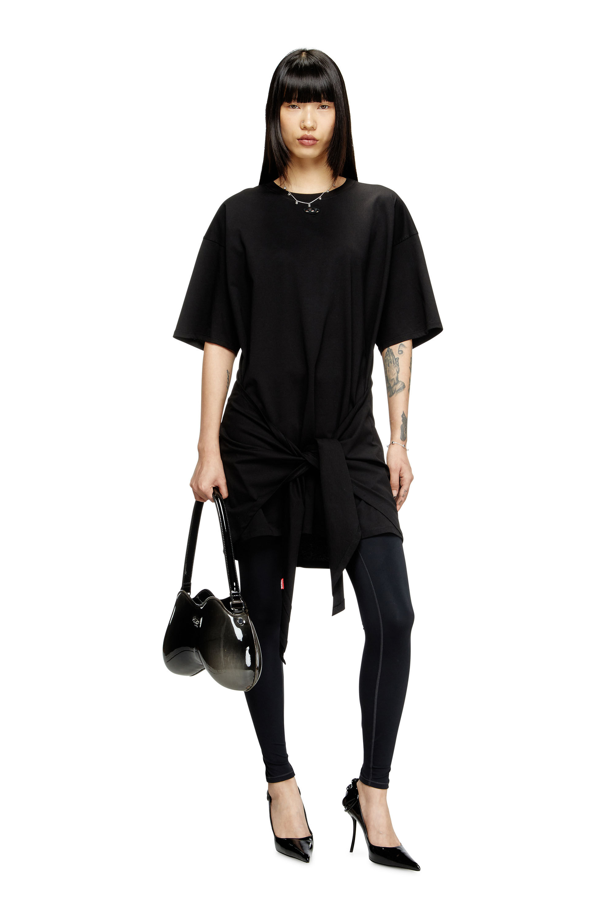 Diesel - D-EIVOR, Vestido camisero con lazo en la parte delantera Mujer in Negro - 1