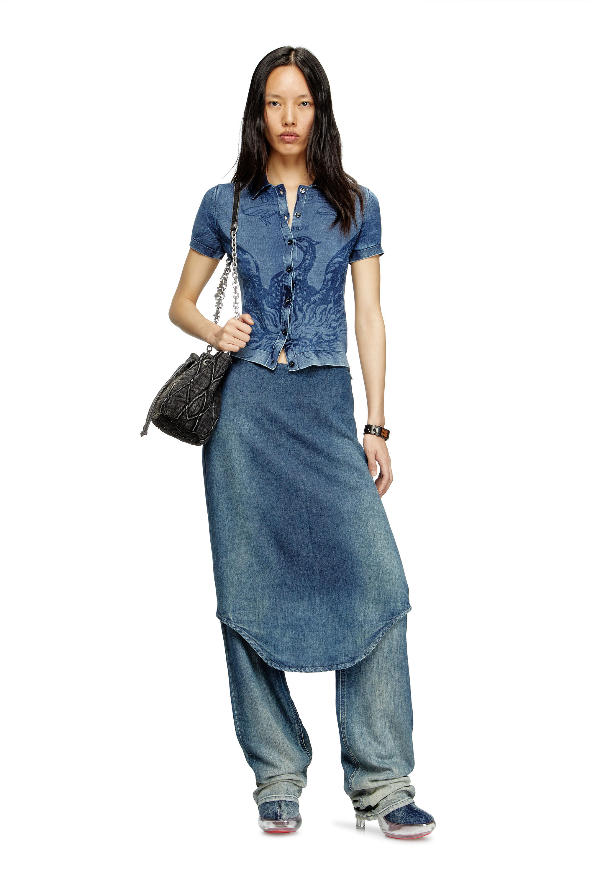 Diesel - M-FENNY, Cárdigan corto índigo con logotipo Phoenix Mujer in Azul marino - 1