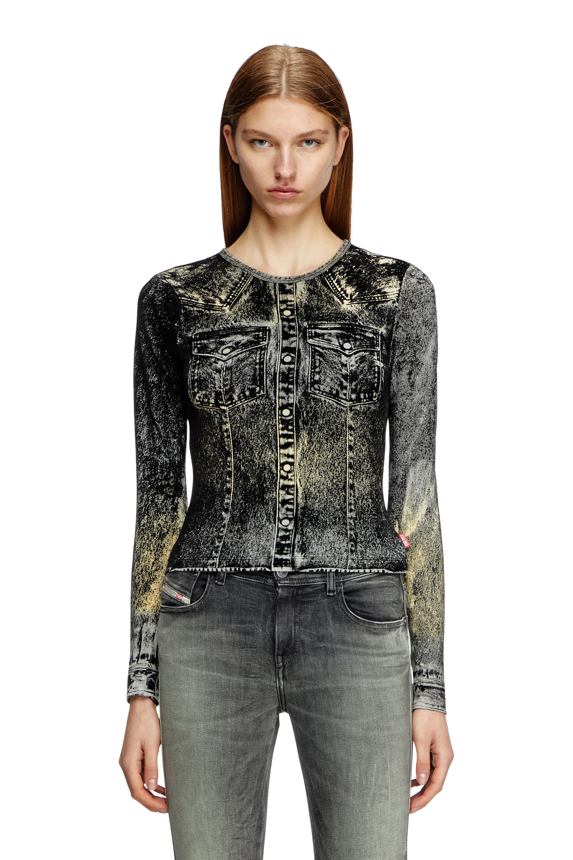 Diesel - T-AXY, Top de manga larga con estampado de chaqueta Mujer in Gris - 3