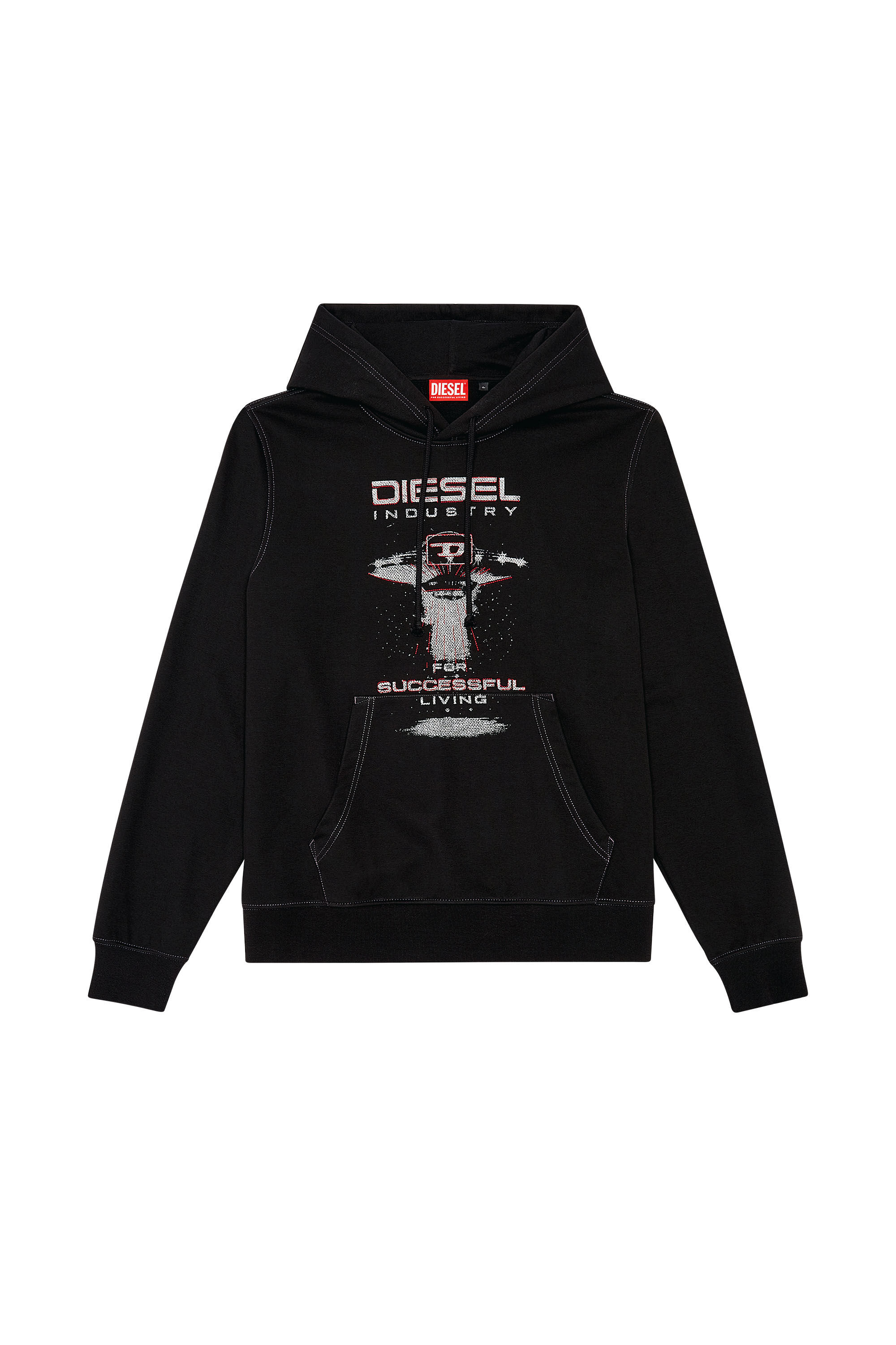 Diesel - S-GINN-HOOD-K36, Sudadera con capucha con estampado de nave espacial Hombre in Negro - 2
