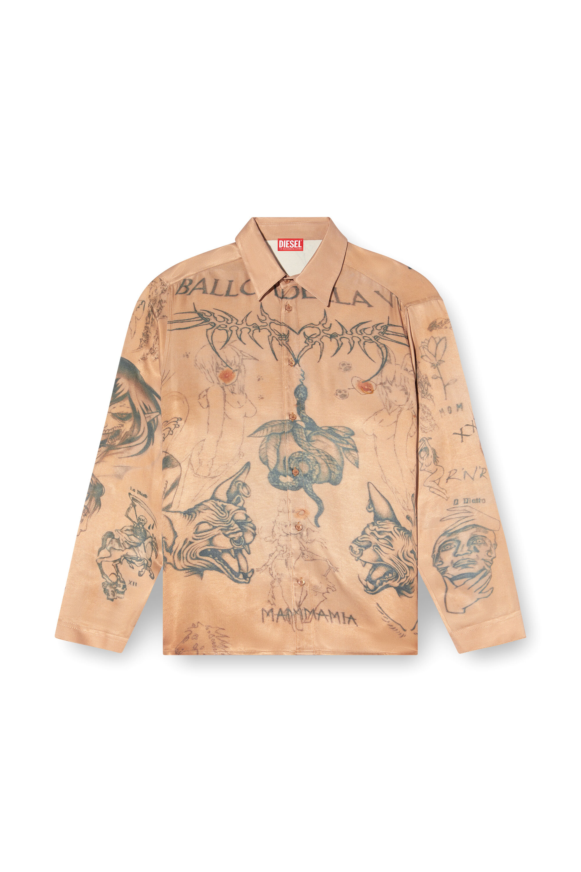 Diesel - S-SIMPLY-TTO-DD, Camisa de satén fluido con estampado de tatuaje Unisex in Beige - 2