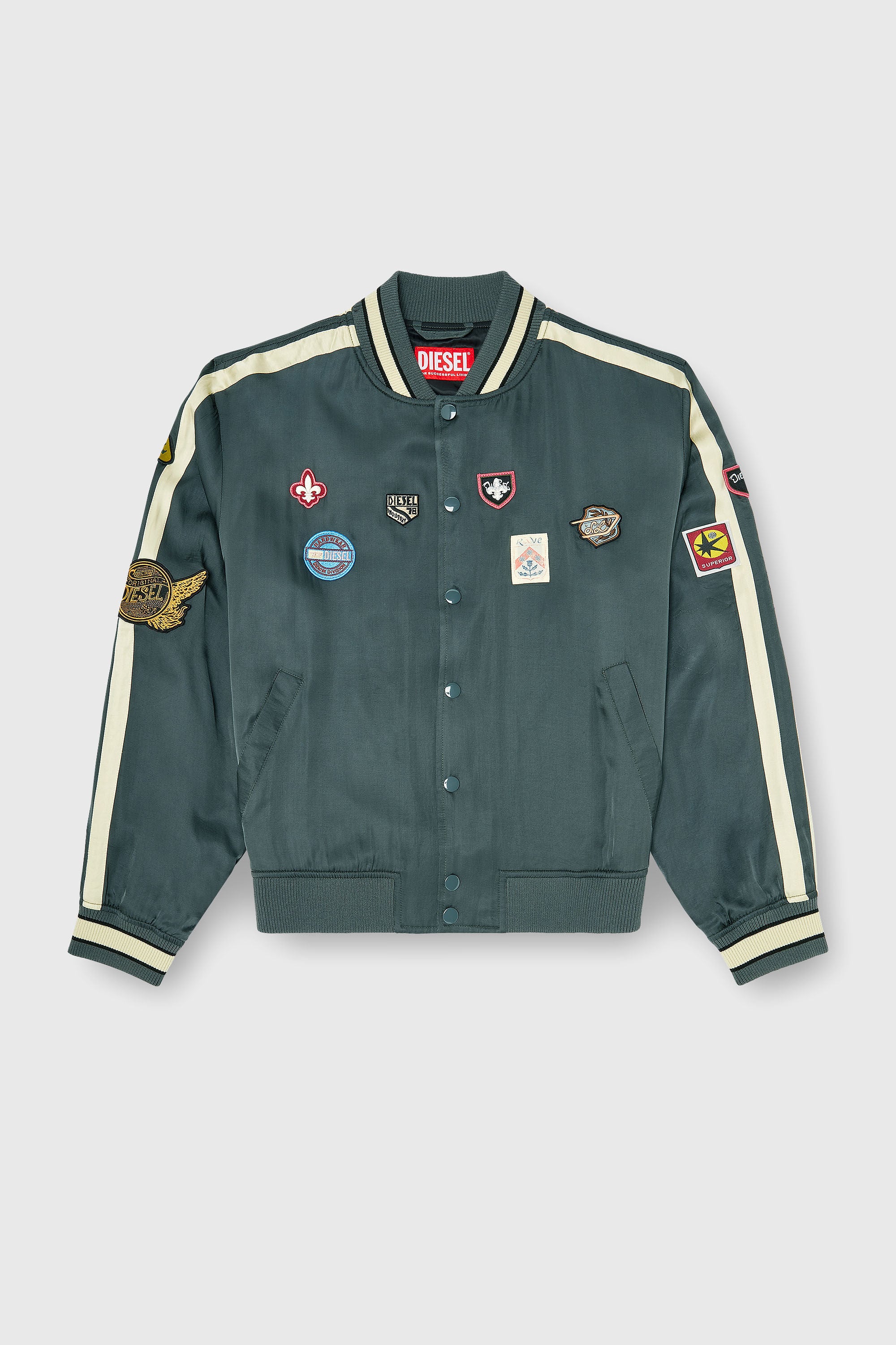 Diesel - J-ANNU, Man's Satin bomber jacket with patches in Dark Green - 2